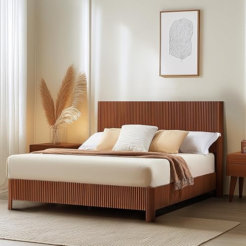 Evermagin Walnut Wooden Queen Bed Frame with Headboard, Mid Century Modern Fluted Platform Bed, Brown Bed Base No Box Spring Needed, Wavy Grooved Panel