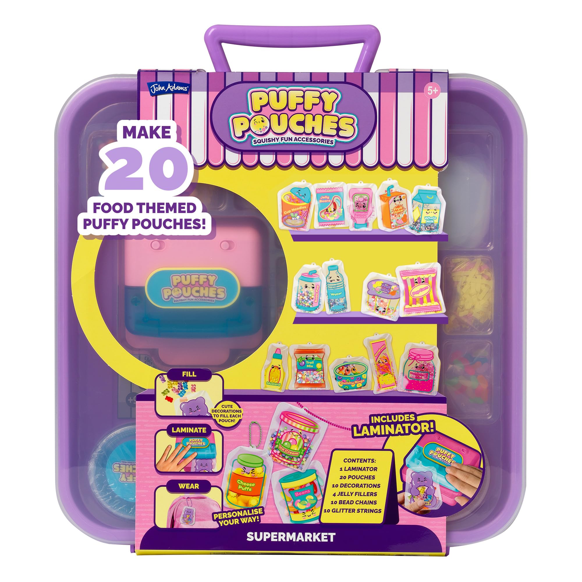 John Adams Puffy Pouches Deluxe Supermarket Set: Make Your Own Squishy Fun Accessories & Bag Charms | Food Themed Arts & Crafts Fun | Cute Decorations | Gift Idea For Birthday & Christmas | Age 5+