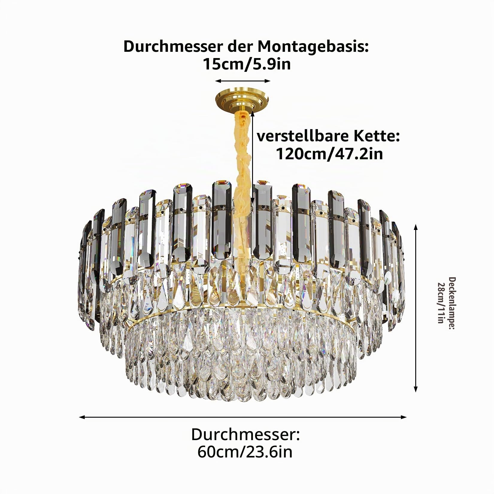 Kronleuchter Kristall Dimmbar Leuchte: 3 Ebenen Deckenleuchte mit 10 x E14 LED Lampen, Rund Deckenlampe 60cm für Wohnzimmer, Esszimmer, Küche, Flur