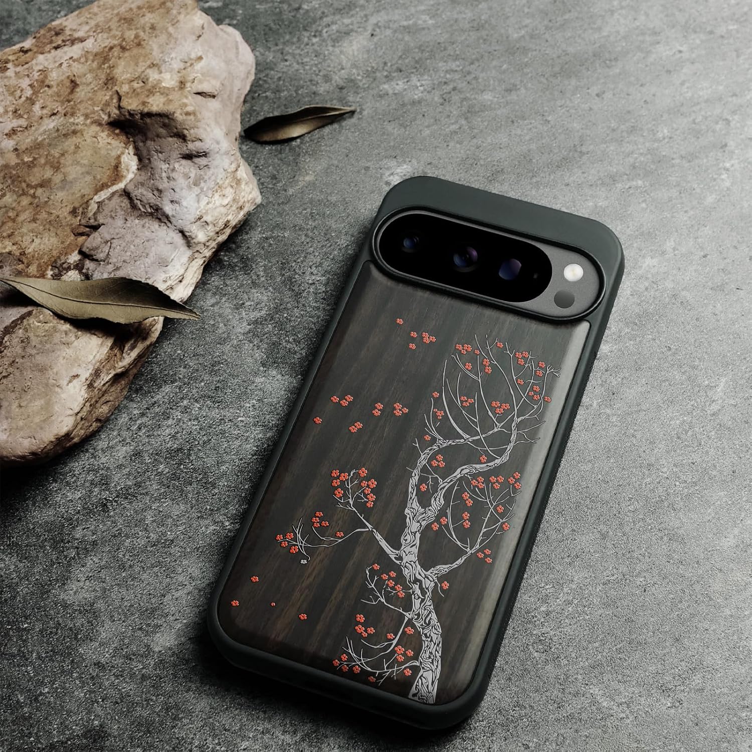 Magnetic for Google Pixel 10 / Pixel 10 Pro Case Compatible with MagSafe Wireless Charging, Natural Wood Cover & Shockproof TPU Phone Case, Dark Wood Hand-Drawn Pattern - Crimson Bloom