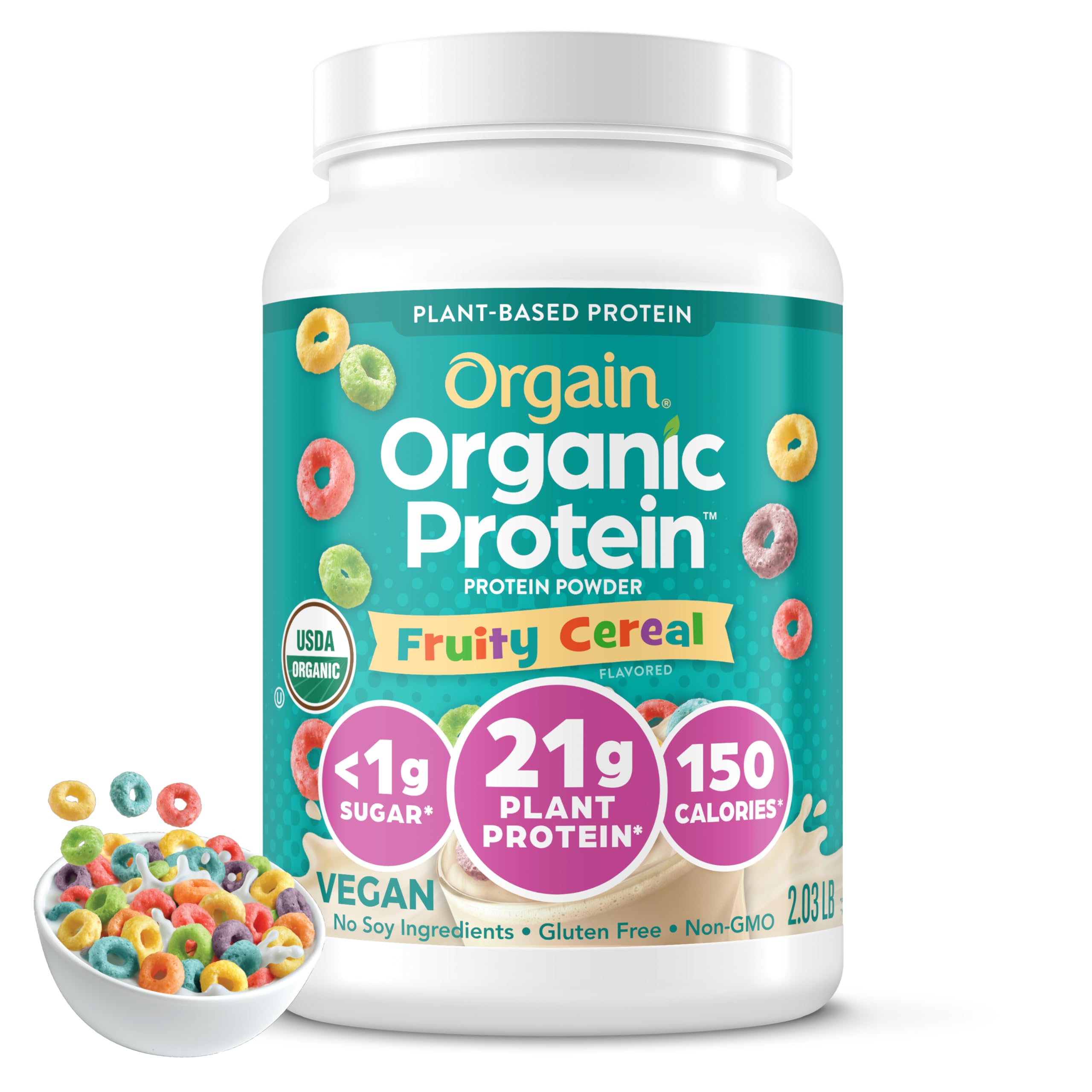Orgain Organic Vegan Protein Powder, Fruity Cereal - 21g Plant Based Protein, Gluten Free, Dairy Free, Lactose Free, Soy Free, No Sugar Added, Kosher, For Smoothies & Shakes - 2.03 lb
