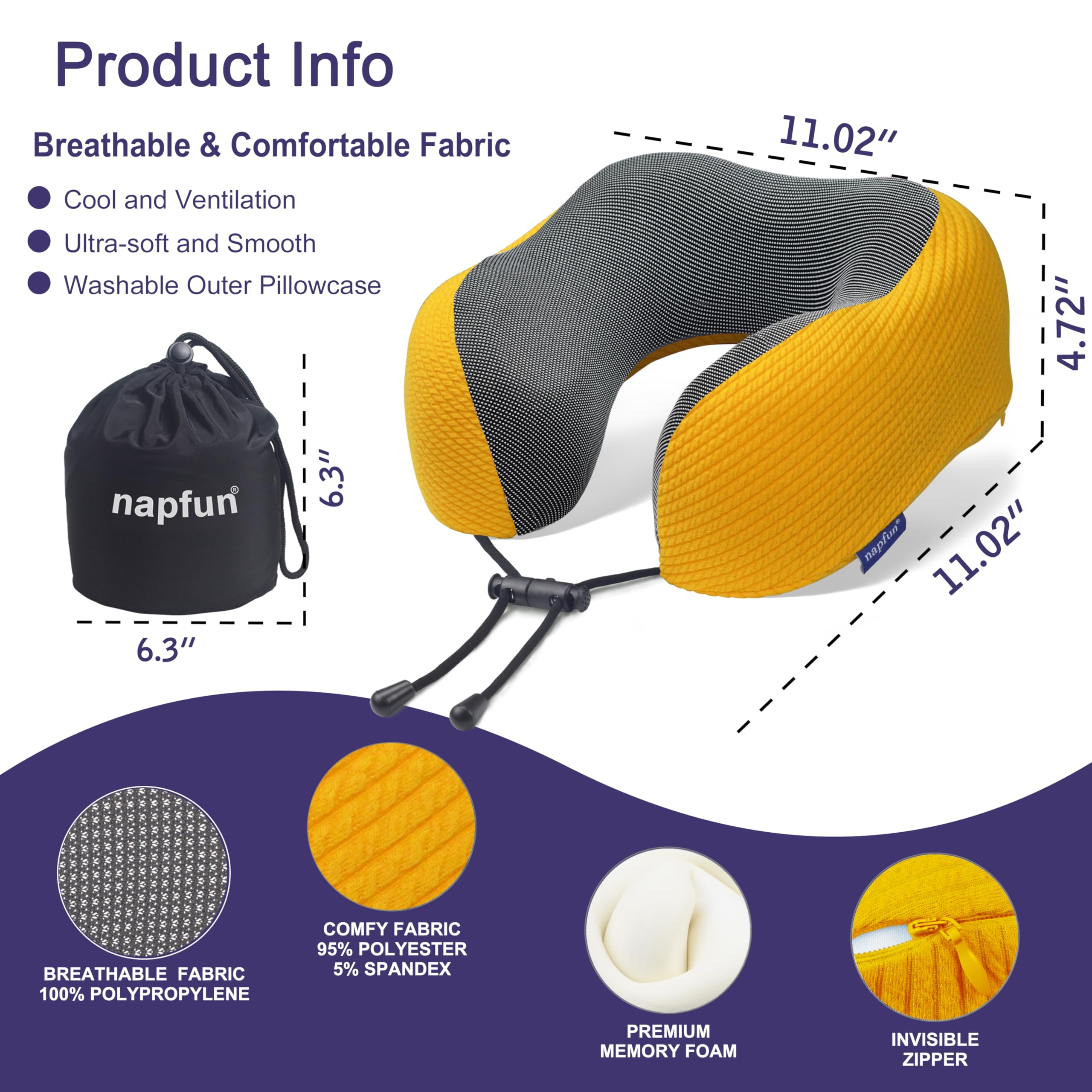 napfun Neck Pillow for Travel, Memory Foam Airplane Pillow, Yellow view 2