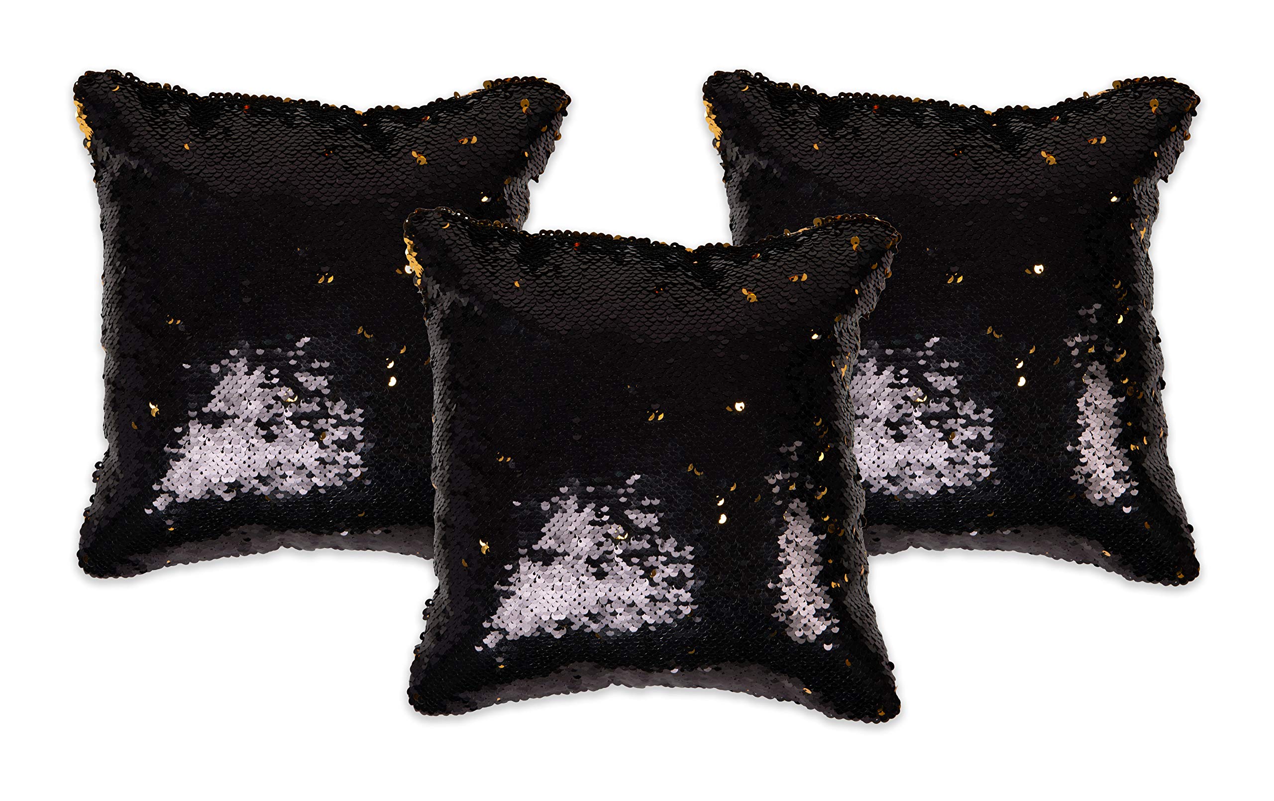 NEHA HANDICRAFTSSilk Sequence Work Decorative Handmade Magic Mermaid Design Cushion Covers | N 12" X 12" Inches Black And Gold, 3 Pieces