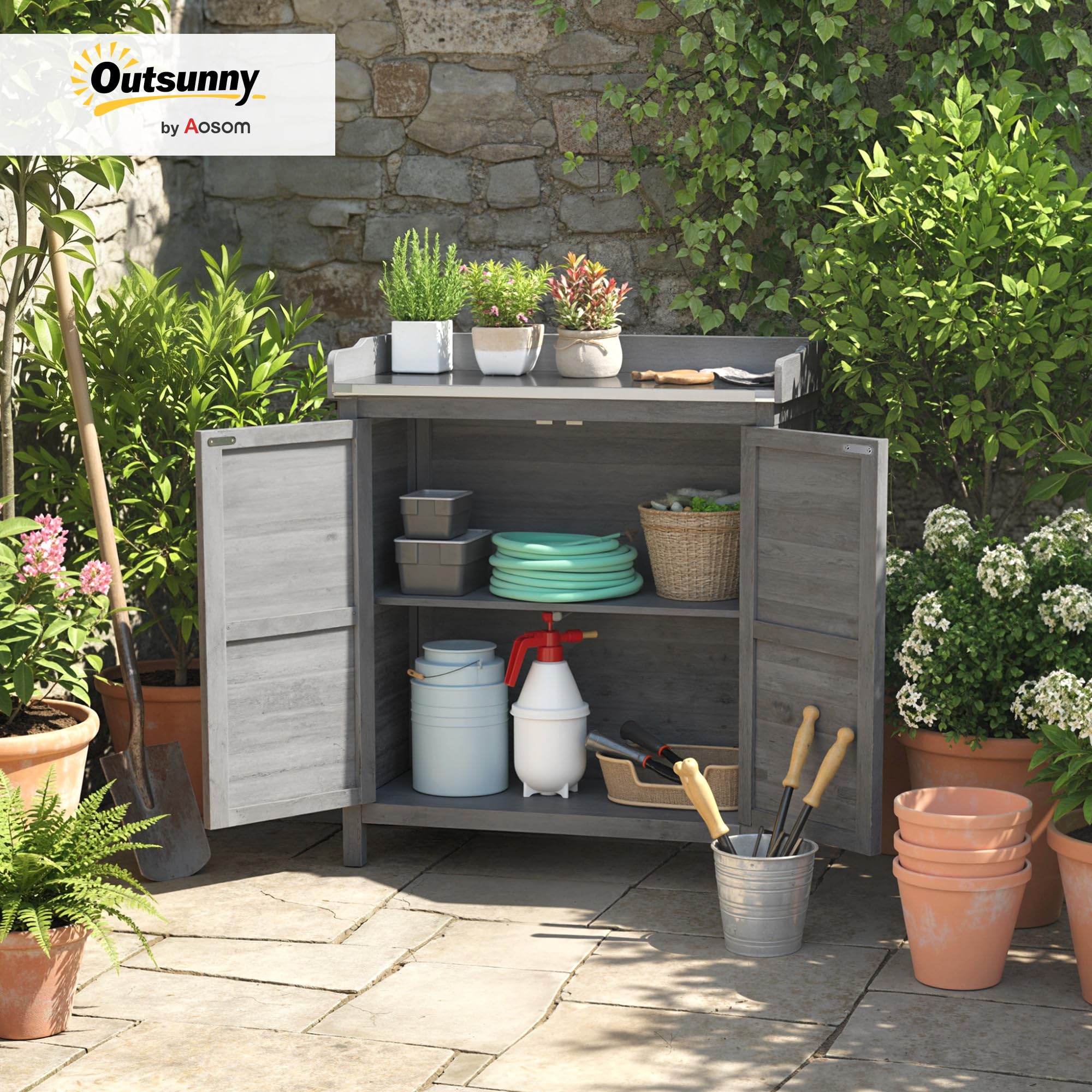 Outsunny Gartenschrank mit Pflanztisch, Holz Geräteschuppen, verzinkter Arbeitsplatte, wetterfest, 83 x 40 x 92cm Grau