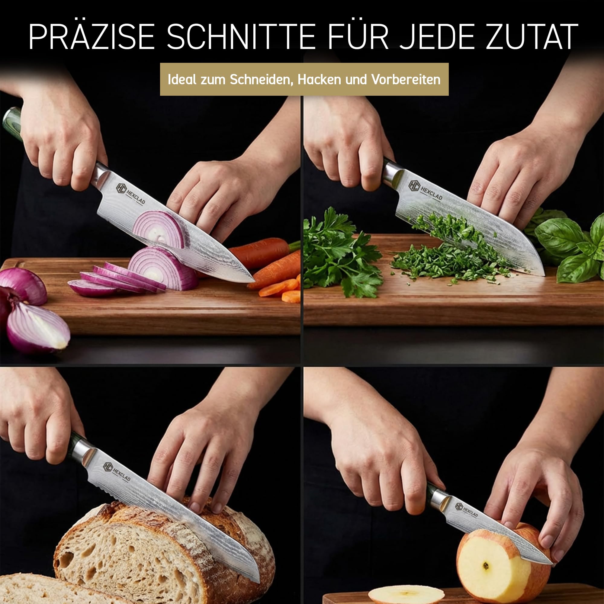 HexClad Essential Damastmesser Set 6-teilig – Küchenmesser aus 67-lagigem Damaststahl – Scharfe japanische Messer mit Pakkaholzgriffen – Vollerl-Konstruktion & Wetzstahl – Profi Küchenmesser Set