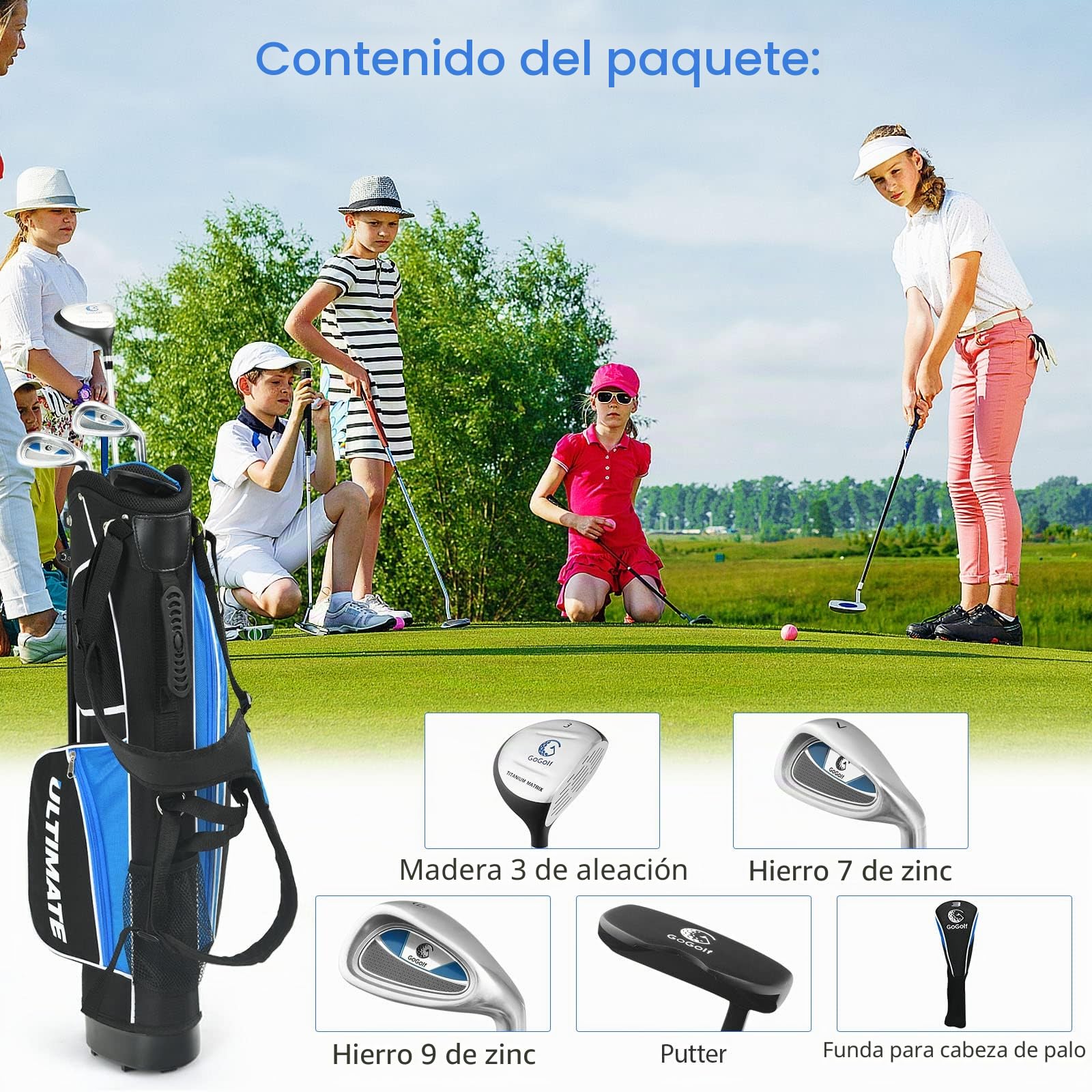 GYMAX Juego Completo de Palos de Golf para Niños de 8 a 10 Años, Golf Set Kids con Bolsa, con 1 Varilla de Madera, 2 Varillas de Hierro, 1 Varilla de Putting