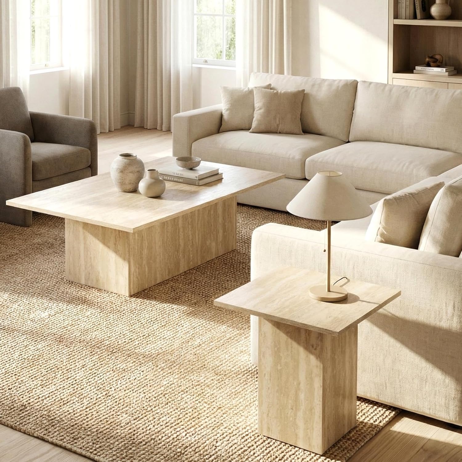 HNY Coffee Table and End Table Set of 2 Modern Square Nesting Coffee Table Faux Marble Side Table Wooden Beige Travertine Finish for Living Room, Reception Room, Home Office