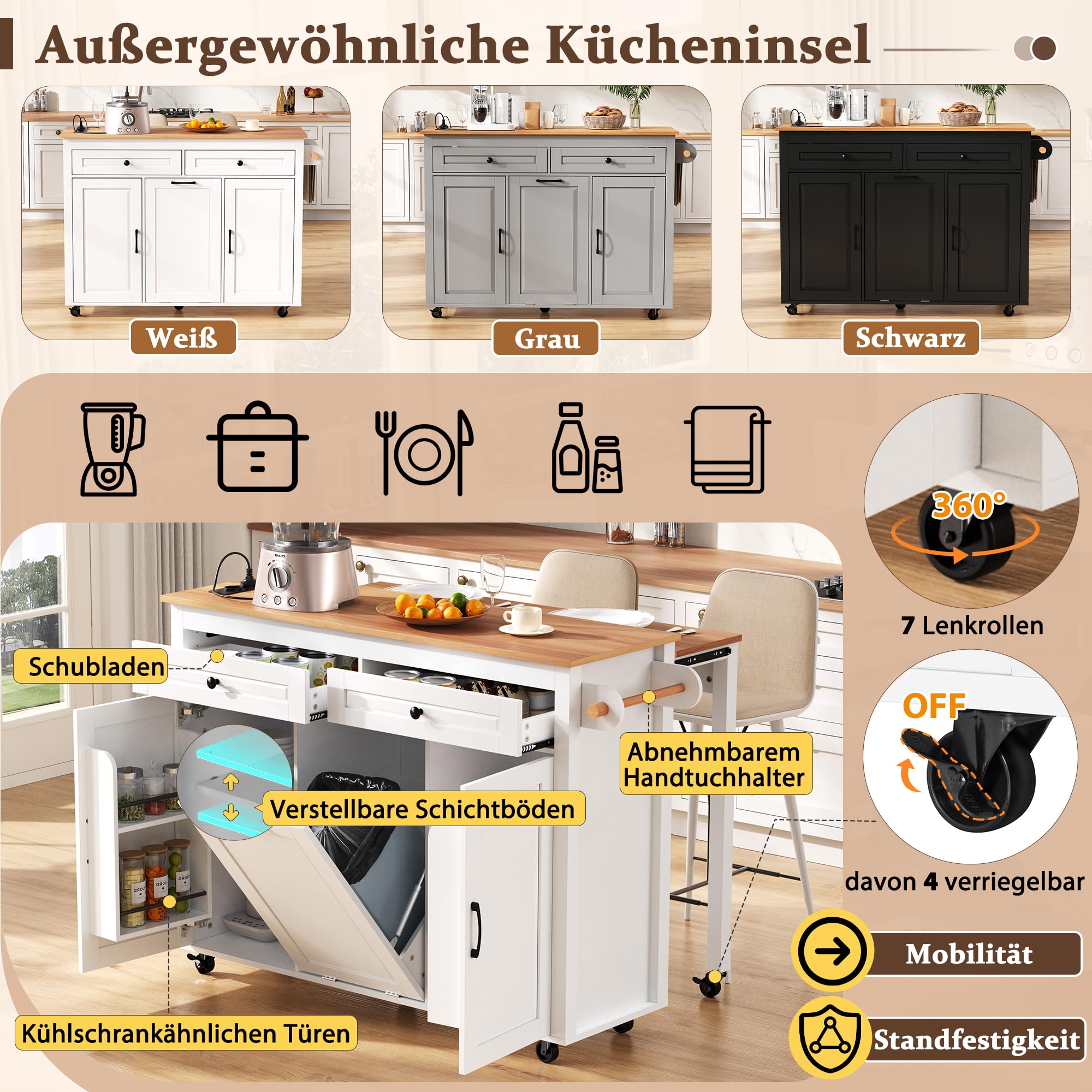 Wyspa kuchenna na kółkach, wysuwana jadalnia, wyspa kuchenna z blatem roboczym i komorą na odpady, mobilna wyspa kuchenna wolnostojąca z listwami zasilającymi, idealna do kuchni i jadalni