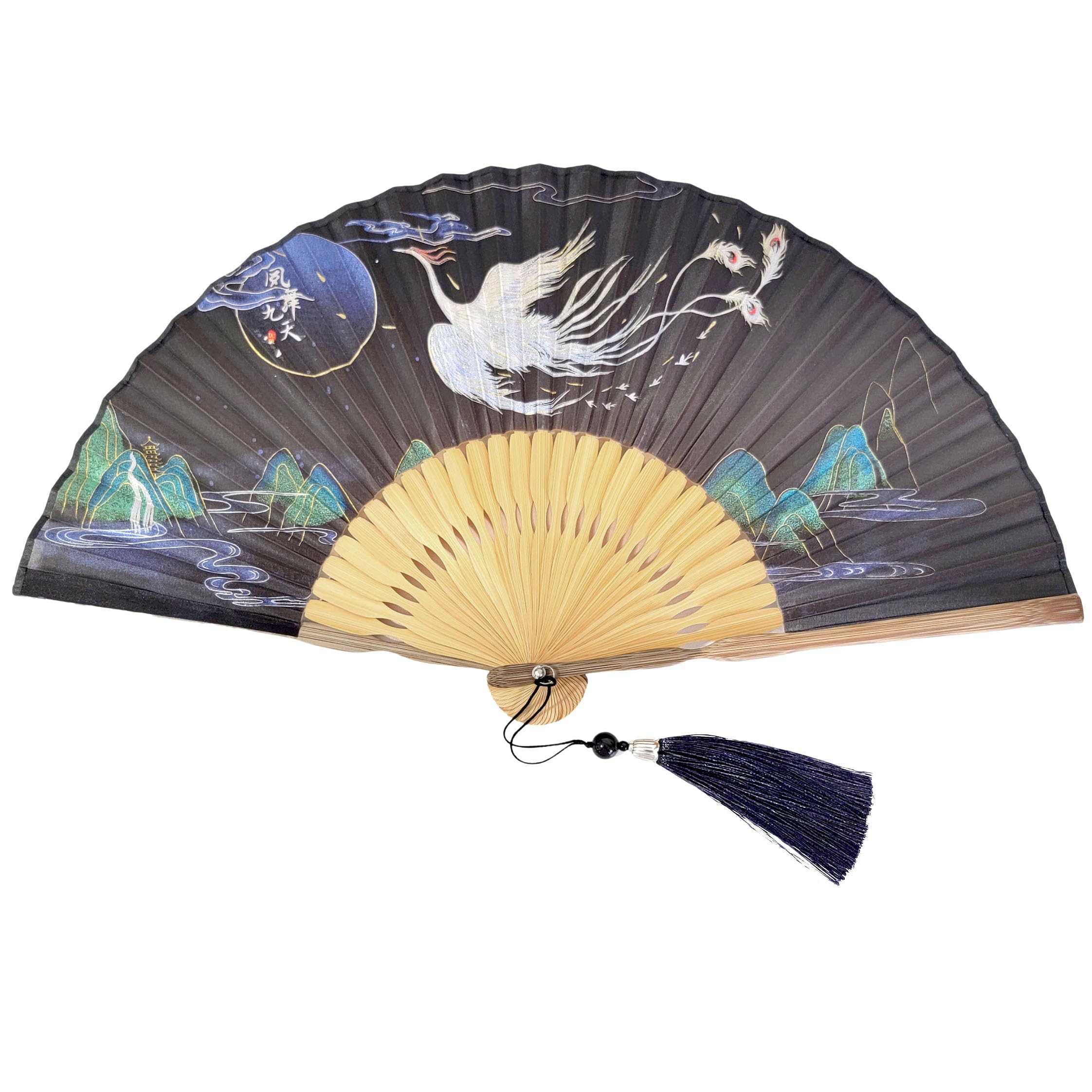 GFM® Bamboo Silk Handheld Folding Hand Fan for Summer, Wedding, Party Favour -Phoenix-(MR-E) (FLSLK-F20-04)