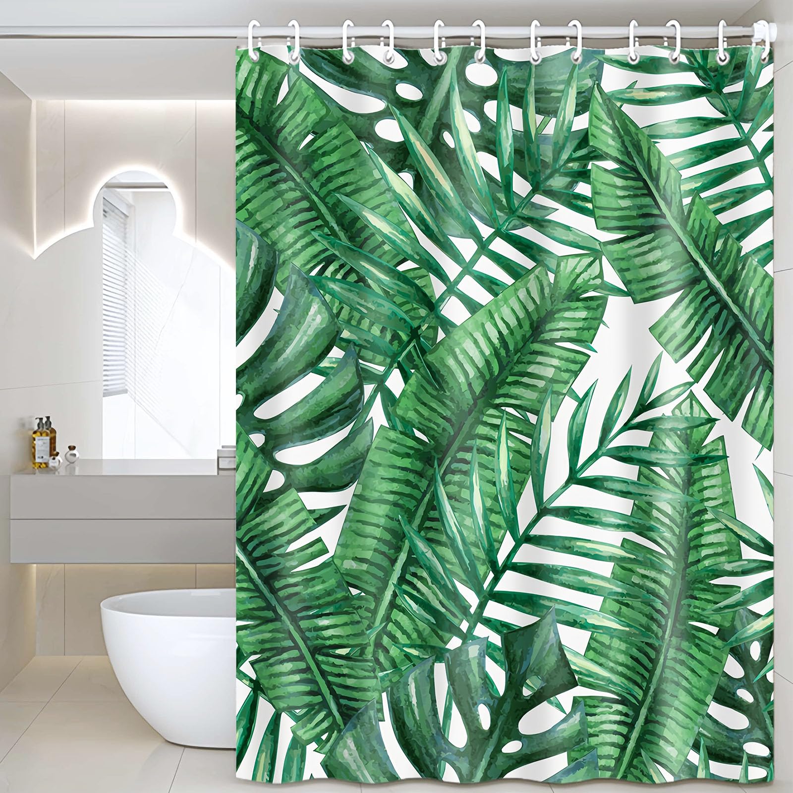 FAVORTALK Shower Curtain Green Palm Leaf Plant Bathroom Curtain 180 x 180 cm Waterproof Mildew & Mould Resistant Polyester Fabric Bath Curtain with 12 Hooks 43911