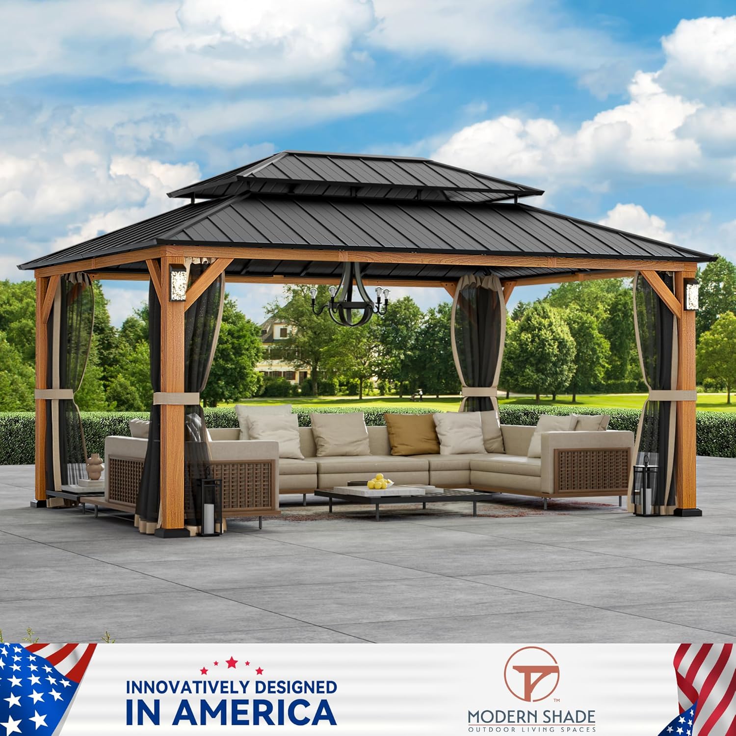 Gazebo with mosquito nettings pulled back, showcasing the interior space.