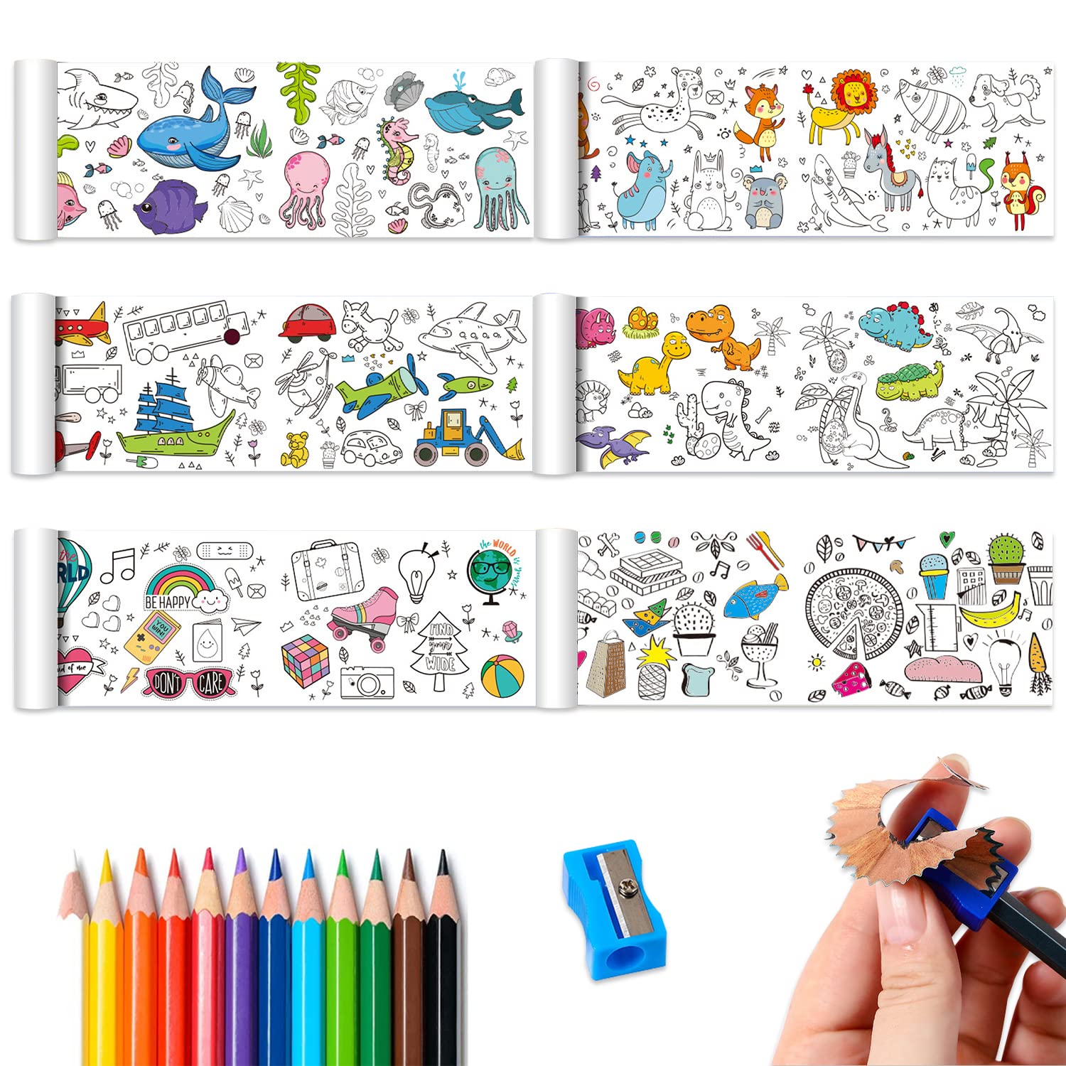 Lot De 3 Rouleaux à Colorier Pour Enfants – 30 X 300 Cm – Autocollants, Découpables, Avec 12 Crayons De Cire - 3