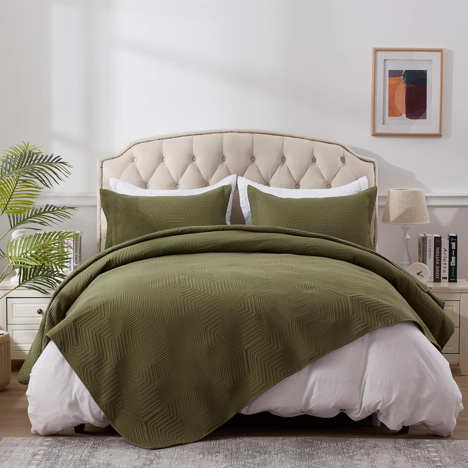 SunStyle Home Queen Size Quilt Bedding Set Square Pattern Quilt Lightweight Soft Bedspread Modern Dot Coverlet Set for All Seasons Olive Green, 3 Pieces (1 Quilt, 2 Pillow Shams)