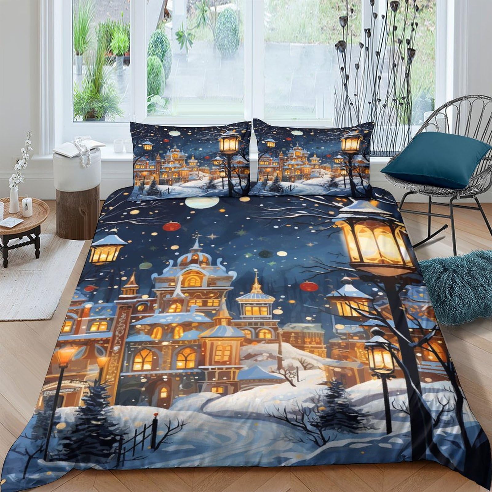 Parure de lit King scène de neige magique pour chambre adulte