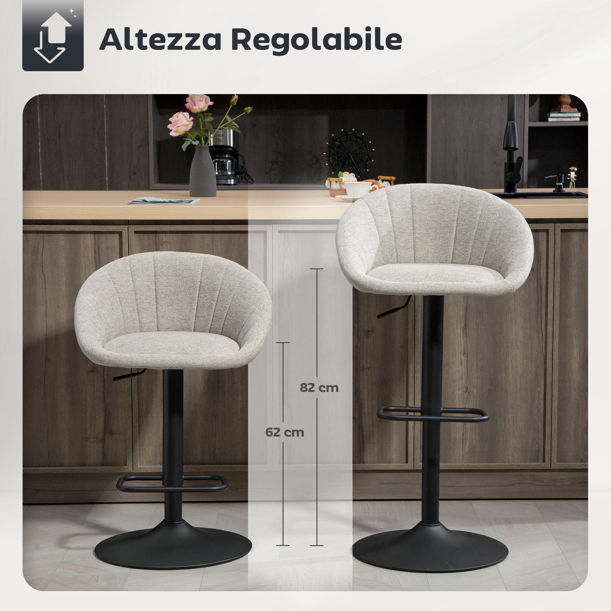HOMCOM Set 2 Sgabelli Bar con Schienale e Braccioli, Altezza Regolabile, Sgabelli Cucina Girevole a 360° con Poggiapiedi Integrato, Sedie Bar Alte in Tessuto, per Soggiorno, Sala da Pranzo, Beige