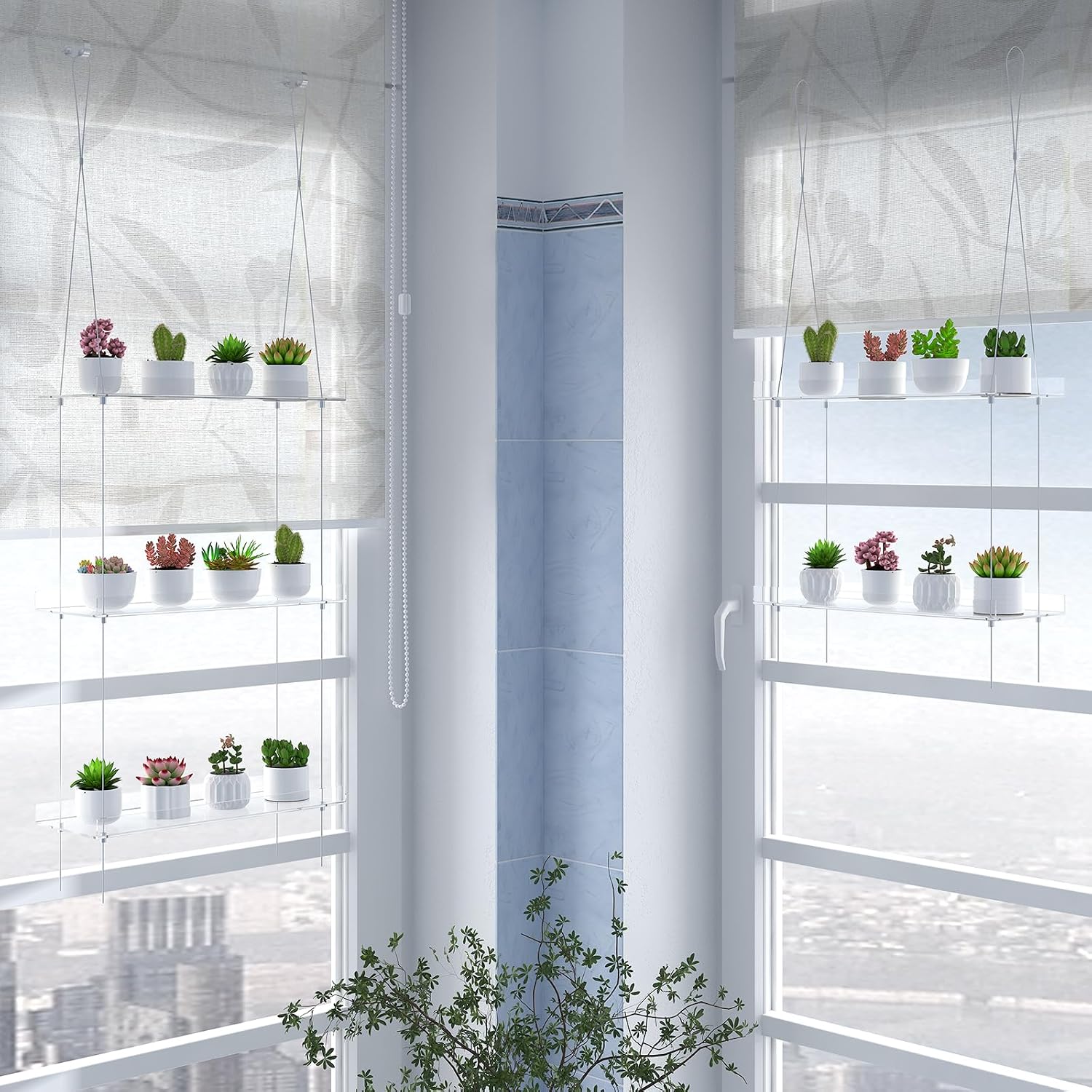 Hanging Acrylic Shelves for Windows, Clear Window Wall Plant Stand Shelf for Kitchen Window, 3 Tier Hanging Flower Display Plants Pots Holder Organizer for Succulents Herbs Grow Seedlings in Window