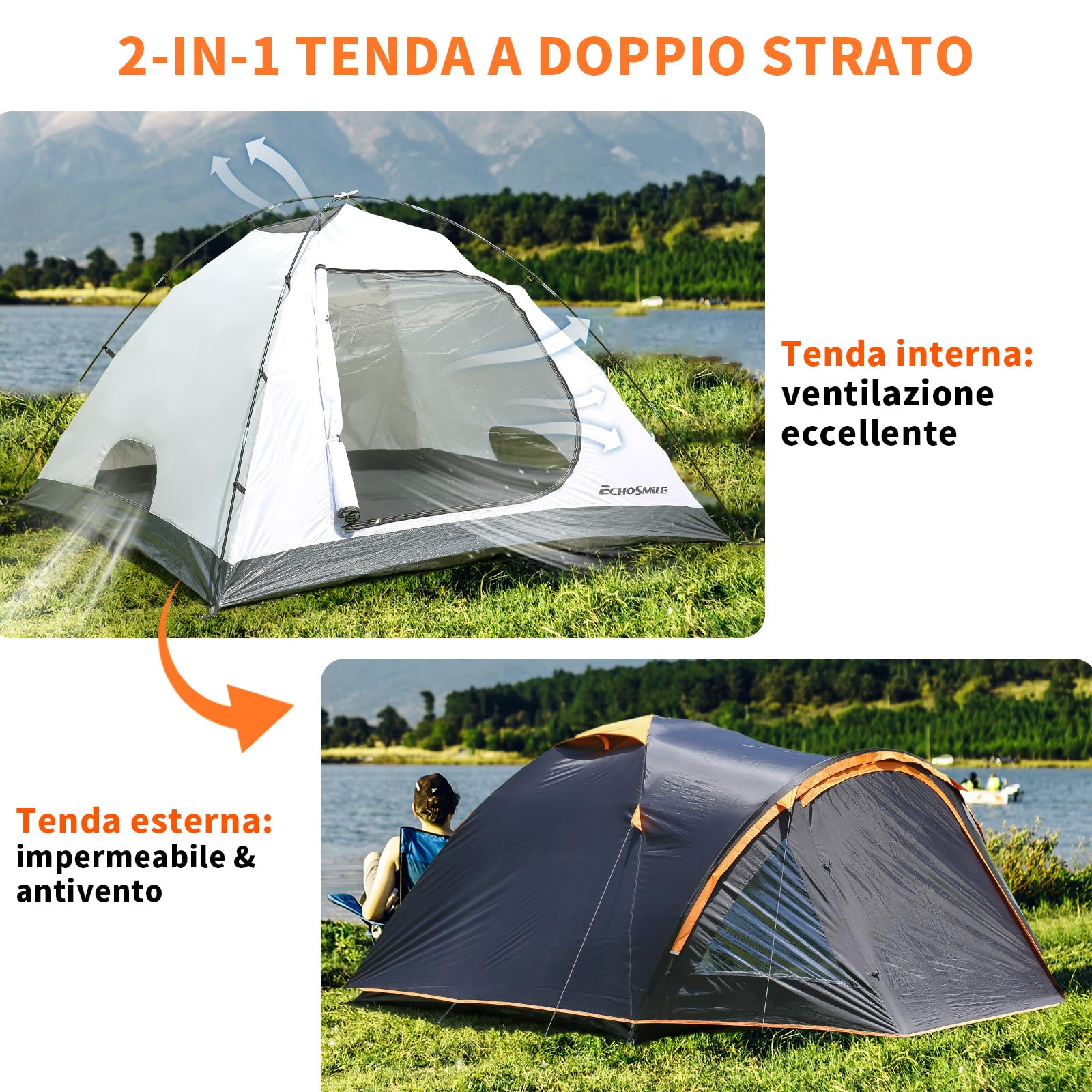 EchoSmile Tenda da Campeggio per 2/3/4 Posti, Impermeabile Ultraleggera Tenda, Facile da Installare, 3-4 Stagioni Tenda Campeggio per Escursioni All'aperto