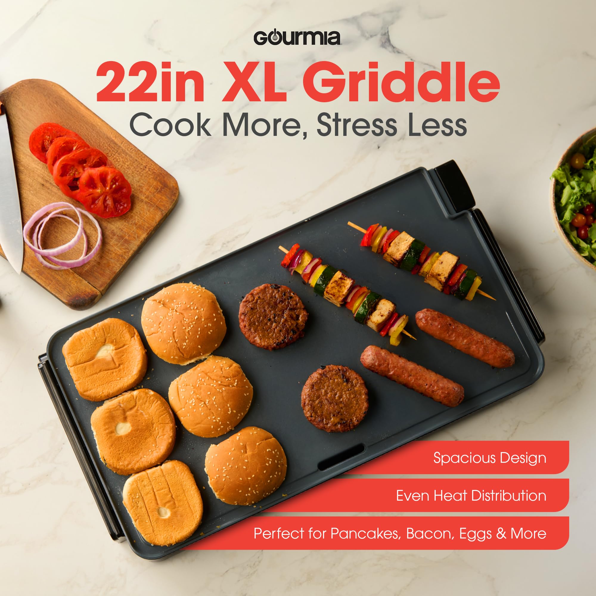 Gourmia 22-Inch XL Electric Griddle Pan - Nonstick Extra Large Ceramic Surface for Breakfast, Pancakes - Non-Toxic Flat Top Cooker - Countertop Kitchen Appliances for Tabletop Indoor Cooking