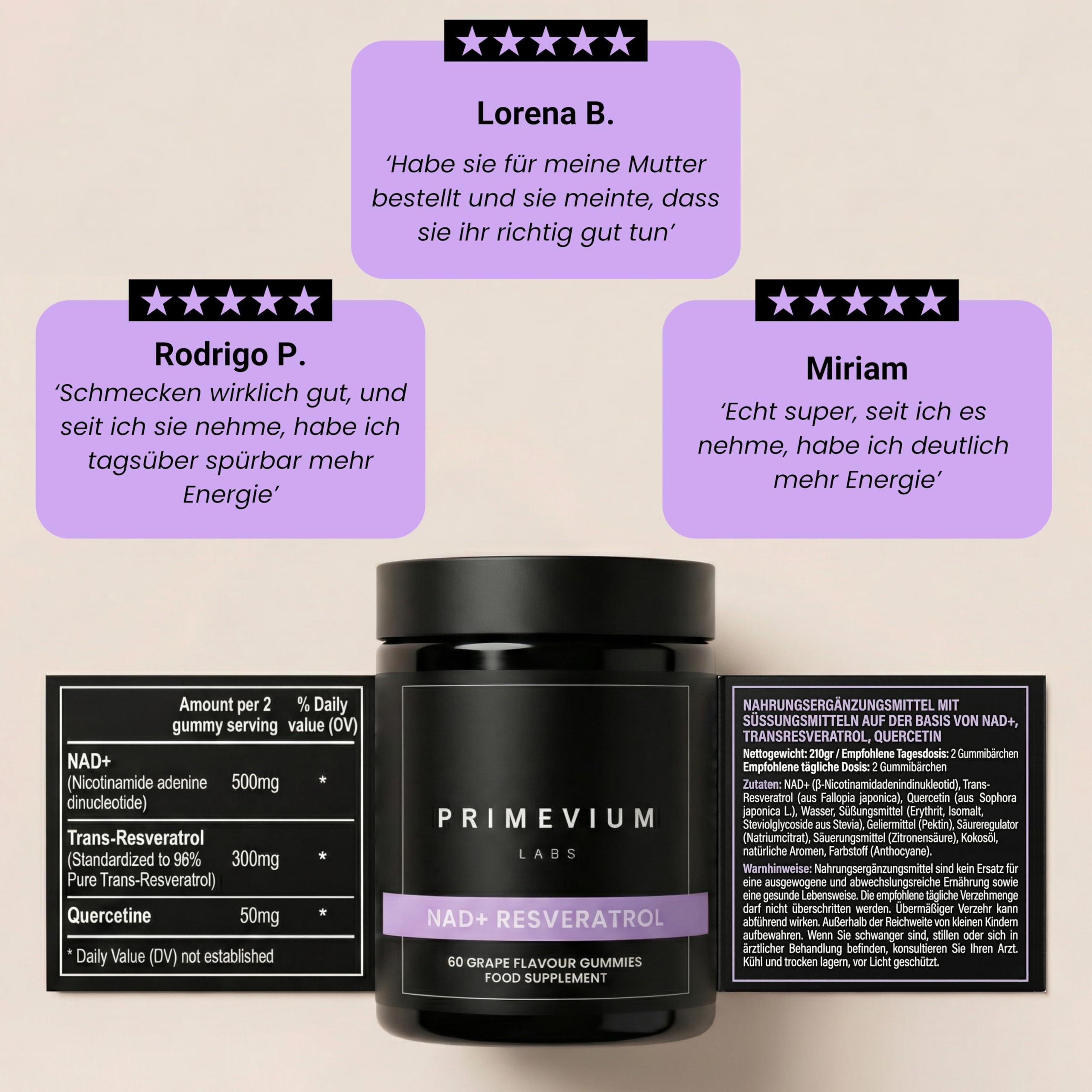 NAD+ Resveratrol Ergänzung mit Quercetin - 60 Gummies - 850 mg pro Portion - NAD Plus - Anti-Aging Nahrungsergänzungsmittel - Zuckerfrei - Vegan - Primevium Labs