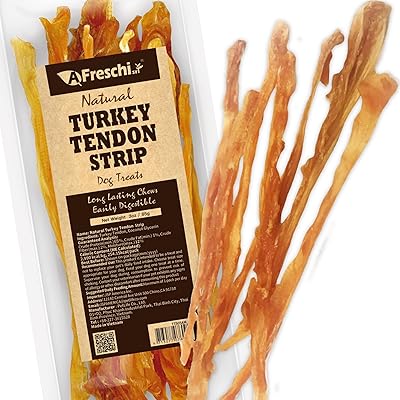 AFreschi Turkey Tendons for Dogs, USA-Sourced, Healthy Dog Treats, Rawhide-Free Puppy Chews, Long Lasting, All Natural, Hypoallergenic Dog Treats for Small Breeds, 3 oz Pack Strips