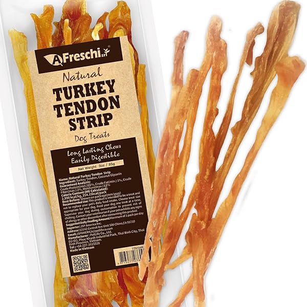 AFreschi Turkey Tendons for Dogs, USA-Sourced, Healthy Dog Treats, Rawhide-Free Puppy Chews, Long Lasting, All Natural, Hypoallergenic Dog Treats for Small Breeds, 3 oz Pack Strips