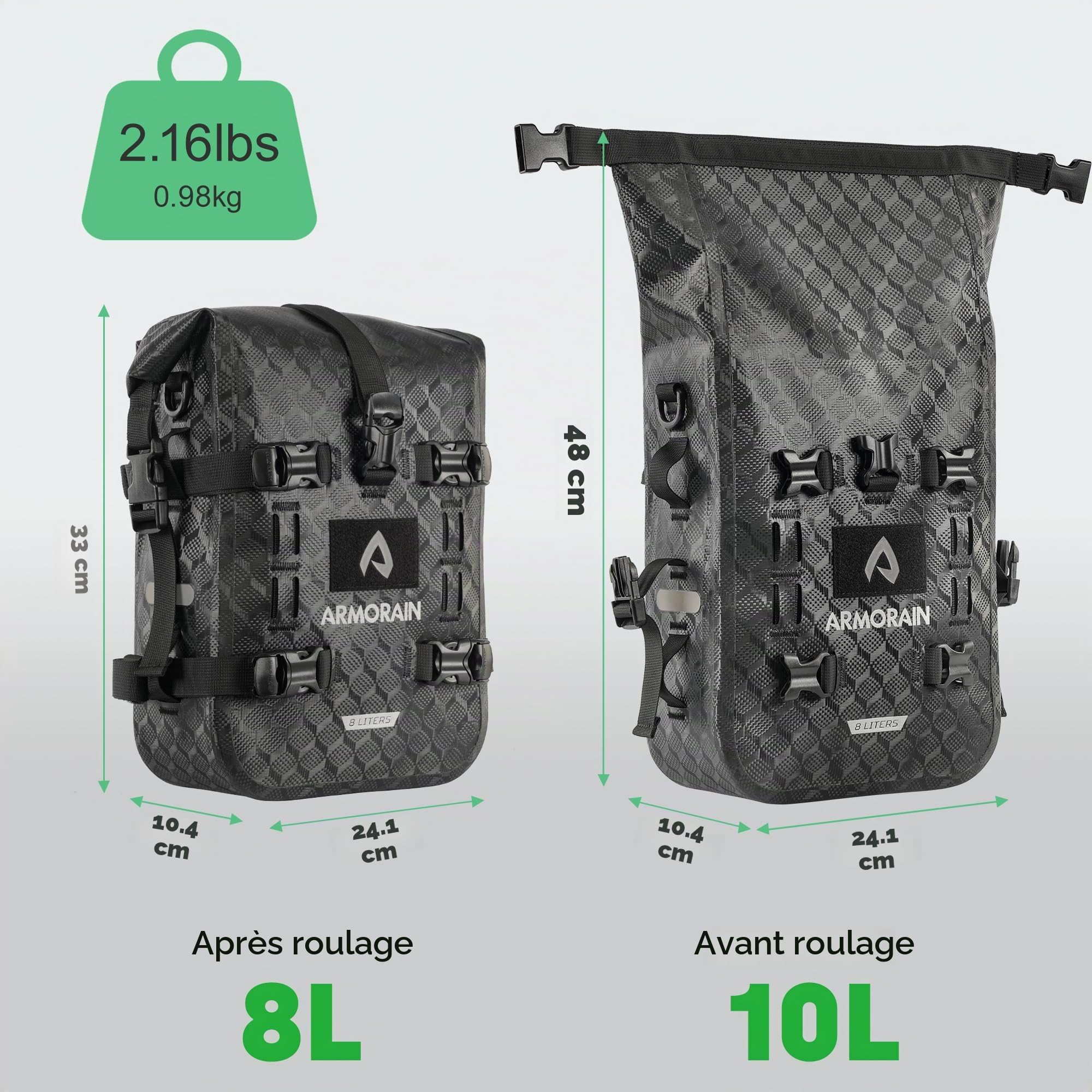 Sacoche de Protection pour Moto, étanche, Capacité de Rangement 6L/8L, Sacoche Pare-Chocs, Pochette Garde-Boue, Sacoches Universelles pour kit Moteur (8L Imitation Fibre de Carbone Noir)