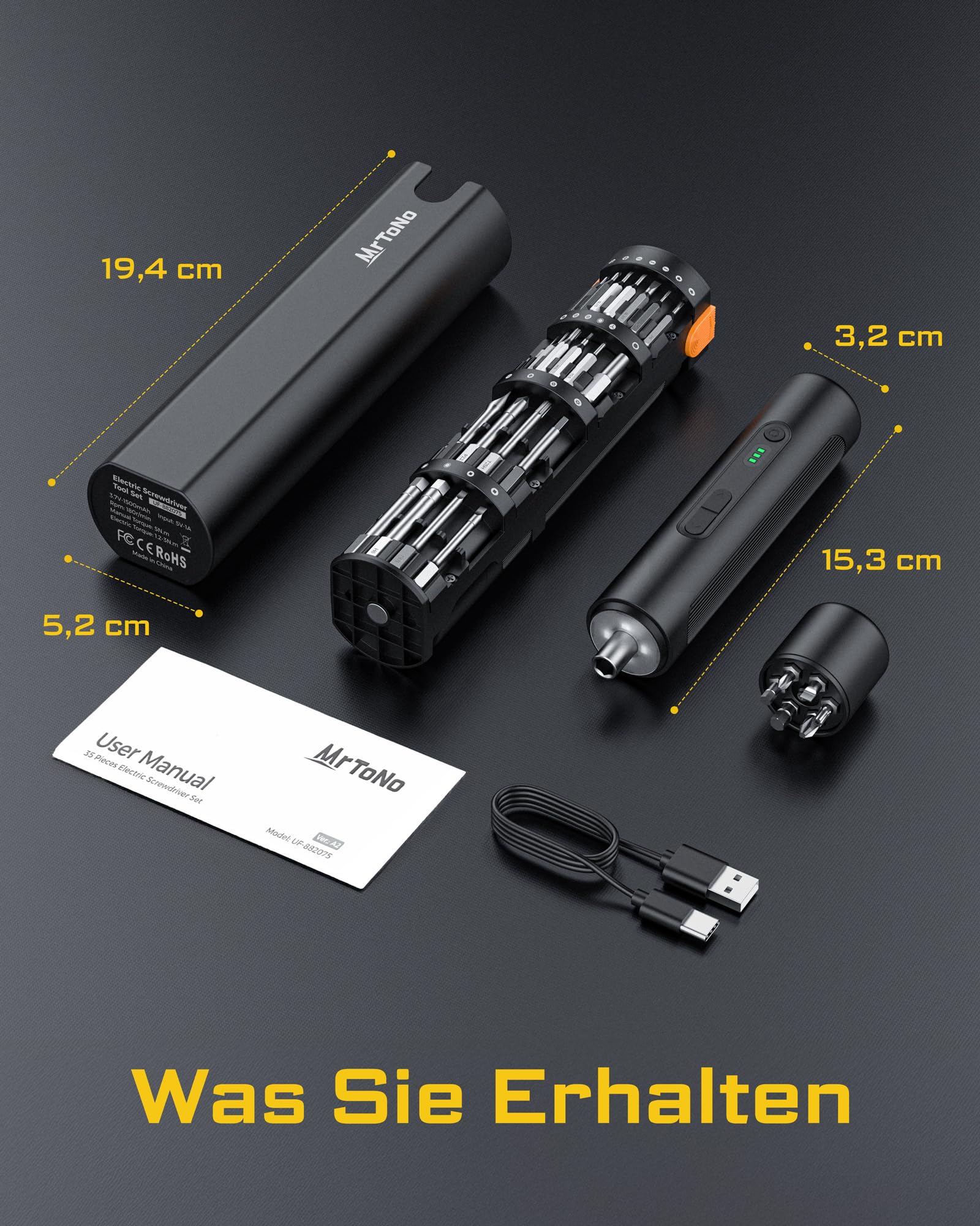 MrToNo Destornillador eléctrico, juego de destornilladores inalámbricos, 3 niveles de torsión, batería de 1500 mAh, 33 puntas magnéticas, luz LED, herramienta recargable para muebles, bricolaje