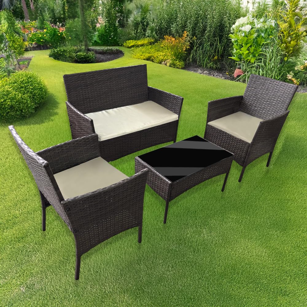 shine planet 4 Seater Garden Patio Furniture Set Rattan Garden Furniture with sponge padded water resistant cushions and Tempered Glass Table good for Garden, Backyard (Brown +Beige Cushions)