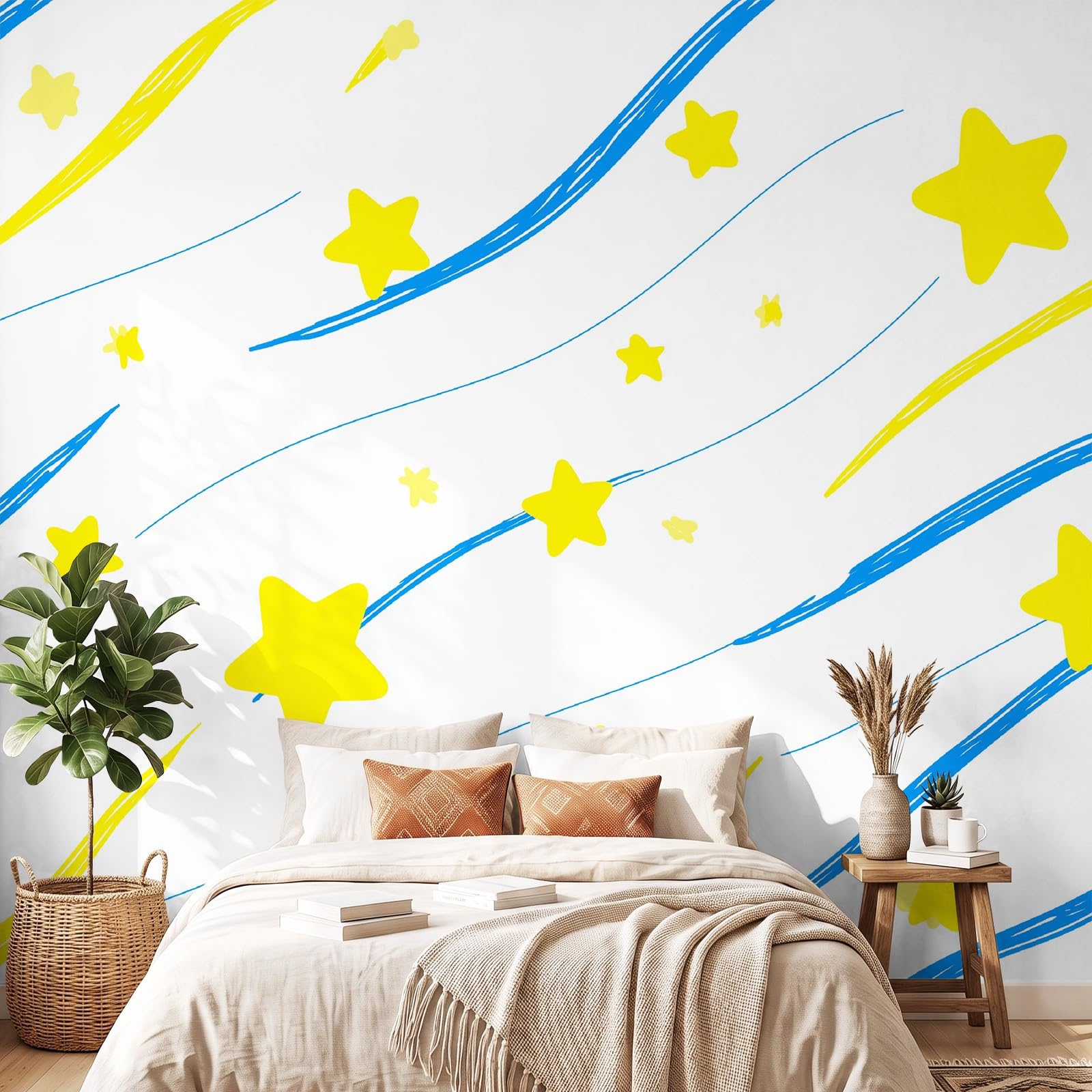 Tapeta mural panoramiczny 200 x 140 cm, minimalna dziecięca, jasna fototapeta do pokoju dziecięcego, pokoju gier, gwiazdy, niebieskie linie, prosta włóknina, okrycie pokoju, dekoracja, biała