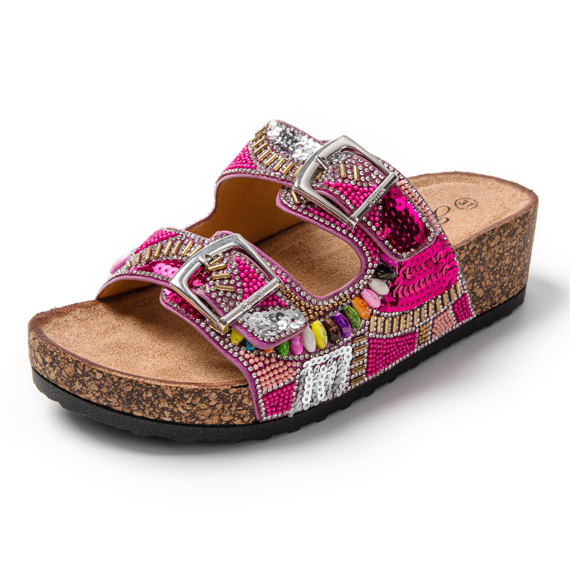 JOMIX Damen Pantoletten Glitzer Clogs Sandalen Plateau Bequeme Kork Strand Sommerschuhe