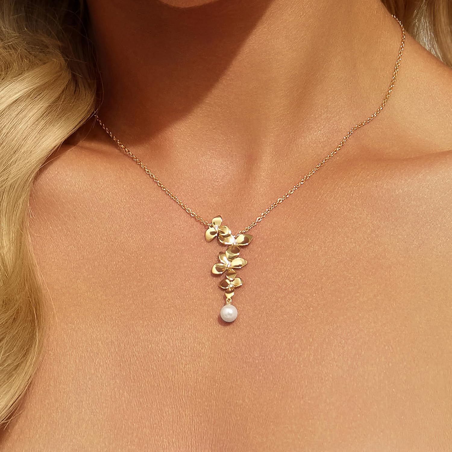 Cicy Bell Floral Pendant Necklace for Women Trendy 18k Gold Plated Shell Pearl Cubic Zirconia Dainty Long Y Necklace Jewelry Gifts - Image 2