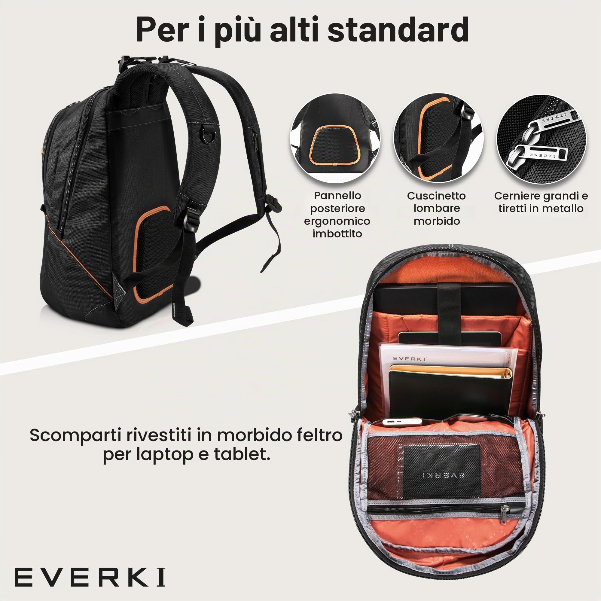 Everki Glide zaino per laptop 17,3" per donna e uomo – robusto e idrorepellente, con strisce riflettenti per studio, viaggio o moto – Nero (EKP129)