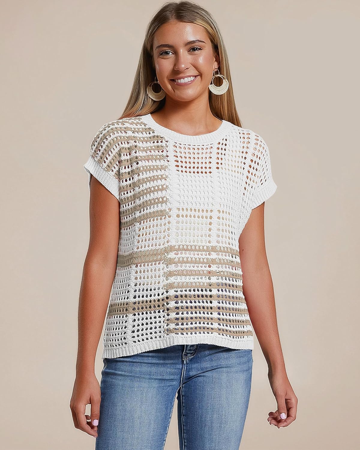 Womens Crochet Hollow Out Sweater Short Sleeve Summer Boho Crewneck Color Block Knit Tops 2026 Casual Beach Shirts - Image 2