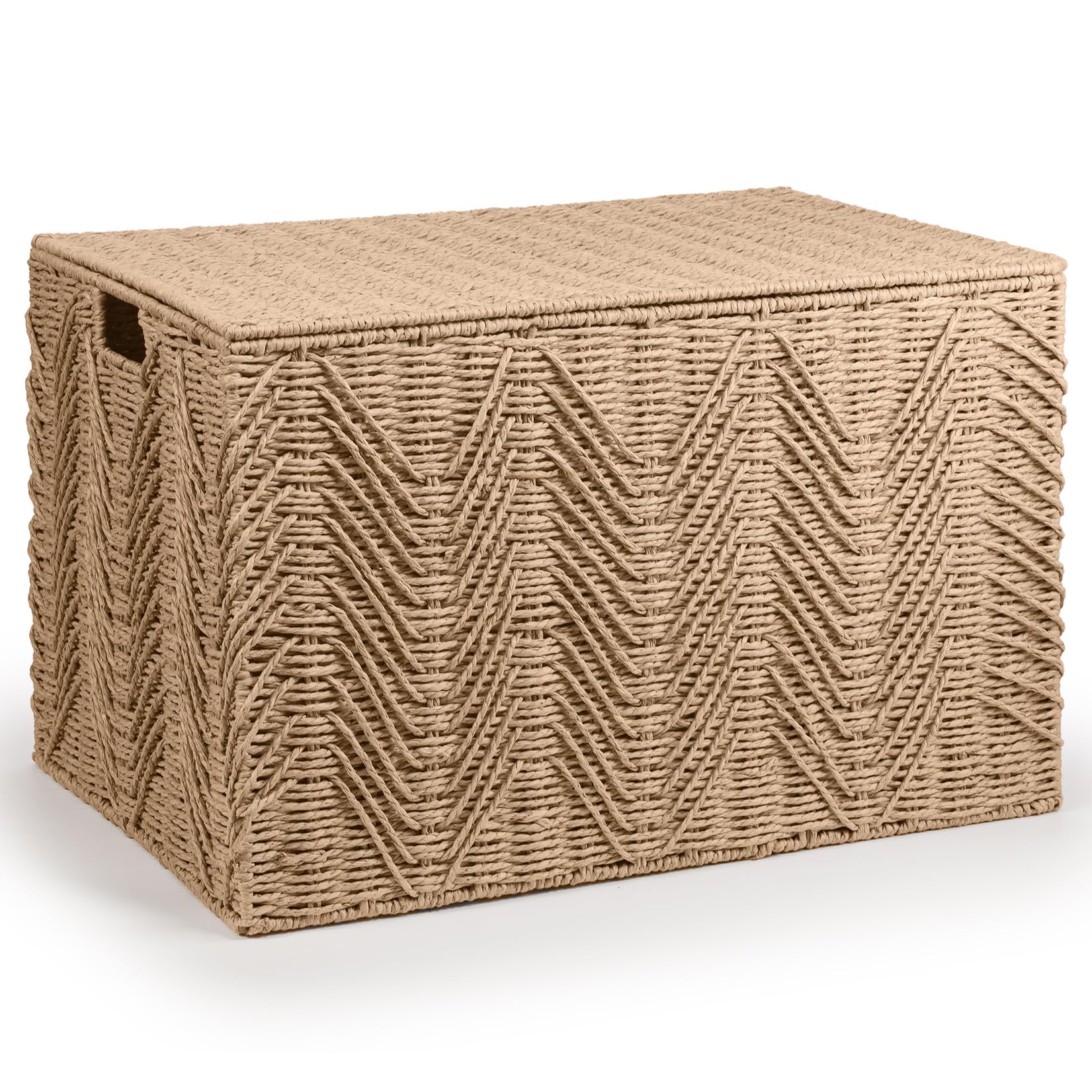 woodluv Storage Basket Trunk Chest, Woven Storage Basket with Lid, Storage organiser, Basket Storage Bedding, Blanket & Toy Box, Large - Khaki