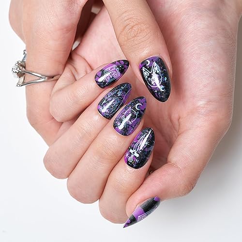 Miniatura 5 de GLAMERMAID - Uñas postizas cortas a presión, color almendra, gótico, morado, pociones, gato, pegamento en uñas de gel, 30 piezas de uñas postizas