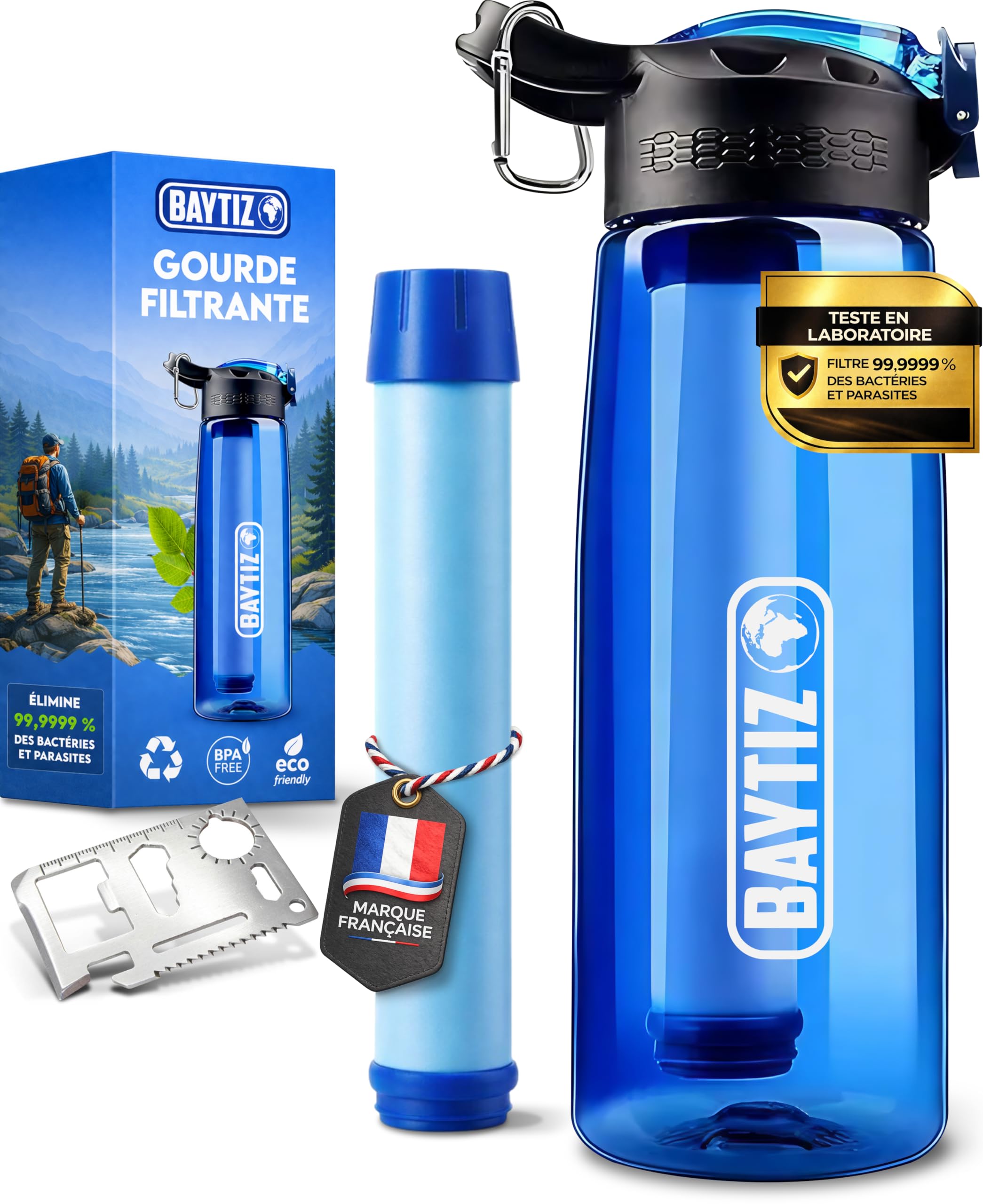 BAYTIZ ® Gourde Filtrante + Paille de Survie au Charbon Actif - Bouteille Filtre à Eau Nomade : Voyage Randonnée Trek Camping Kit Purificateur Réutilisable Plastique Sac Pluie Catastrophe