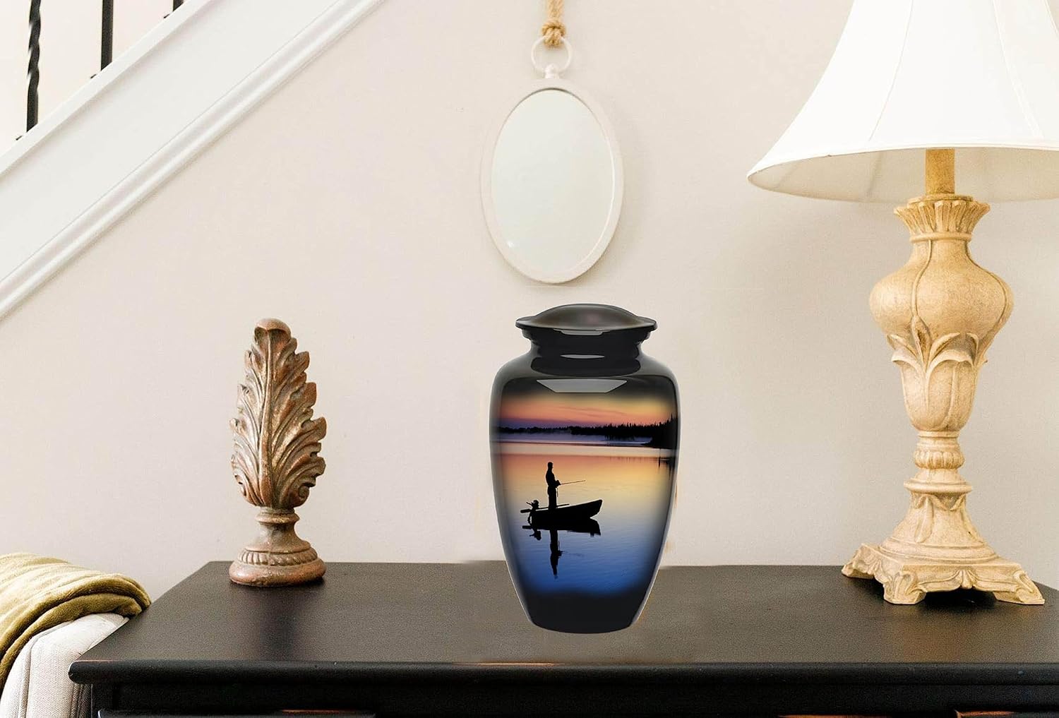 Fisherman Cremation Urn, Adult Fishing urns for Human Ashes Urn - Funeral and Memorial Cremation Urns for Human Ashes Black urn
