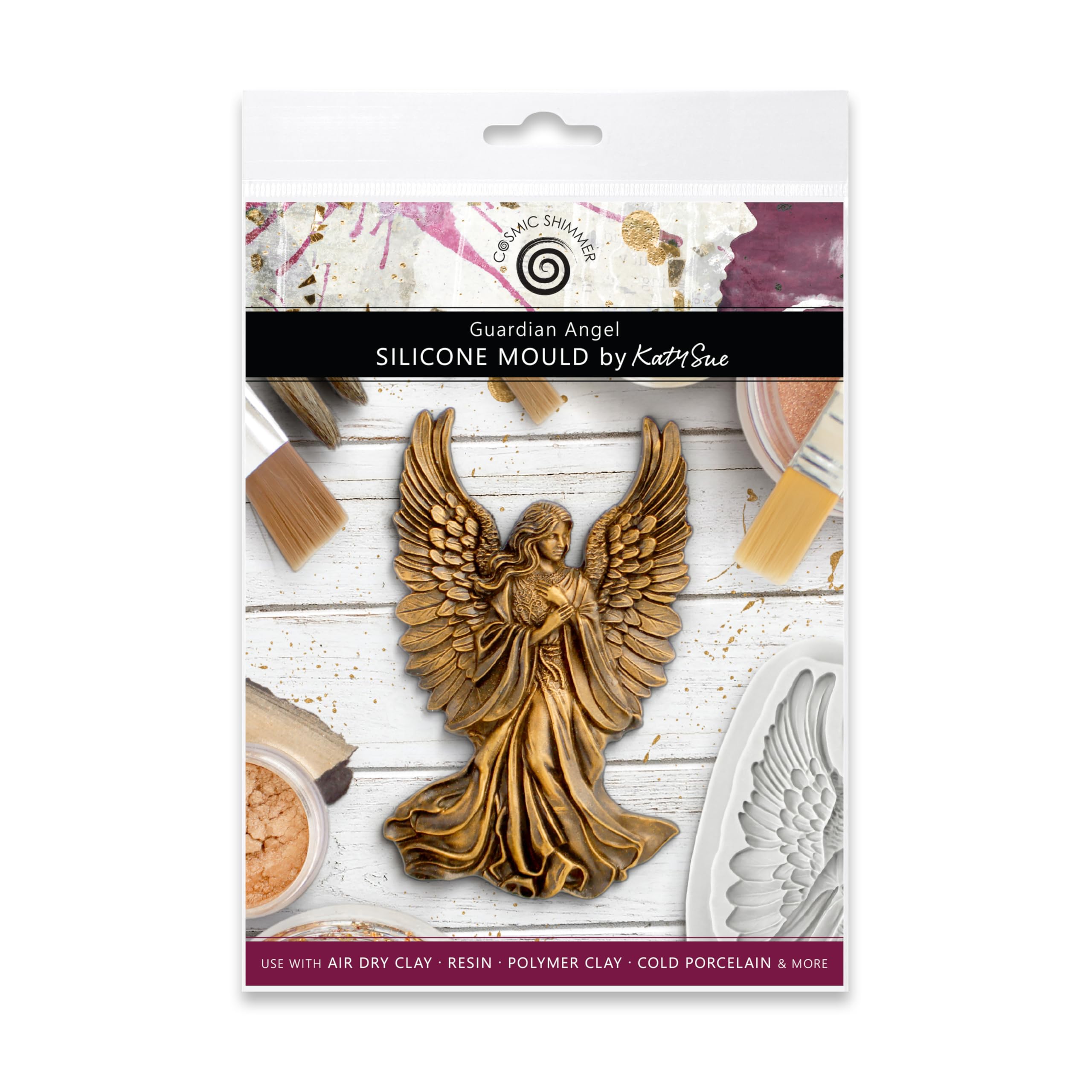 Cosmic Shimmer Guardian Angel Silicone Mould for Crafting. Use with Air Dry & Polymer Clay, Resin, Wax, Cold Porcelain & More. Angel 68 x 111 x 7 Millimetres from Katy Sue Craft Moulds. UK Made.