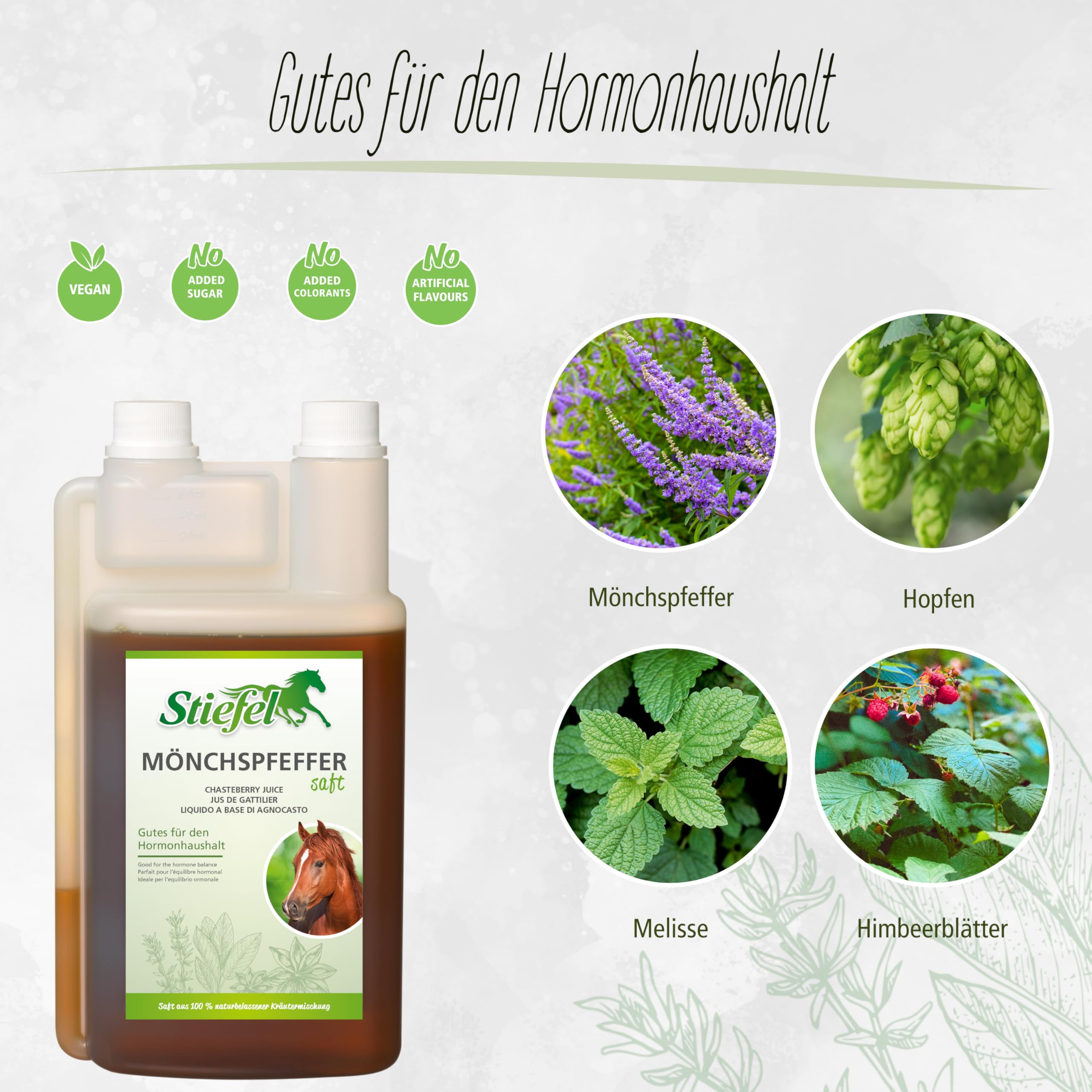 Stiefel Jus de poivre moine pour chevaux à partir d'un mélange d'herbes 100 % naturel, pour un soutien nutritionnel dans des phases particulières de la vie, flacon doseur 1 l
