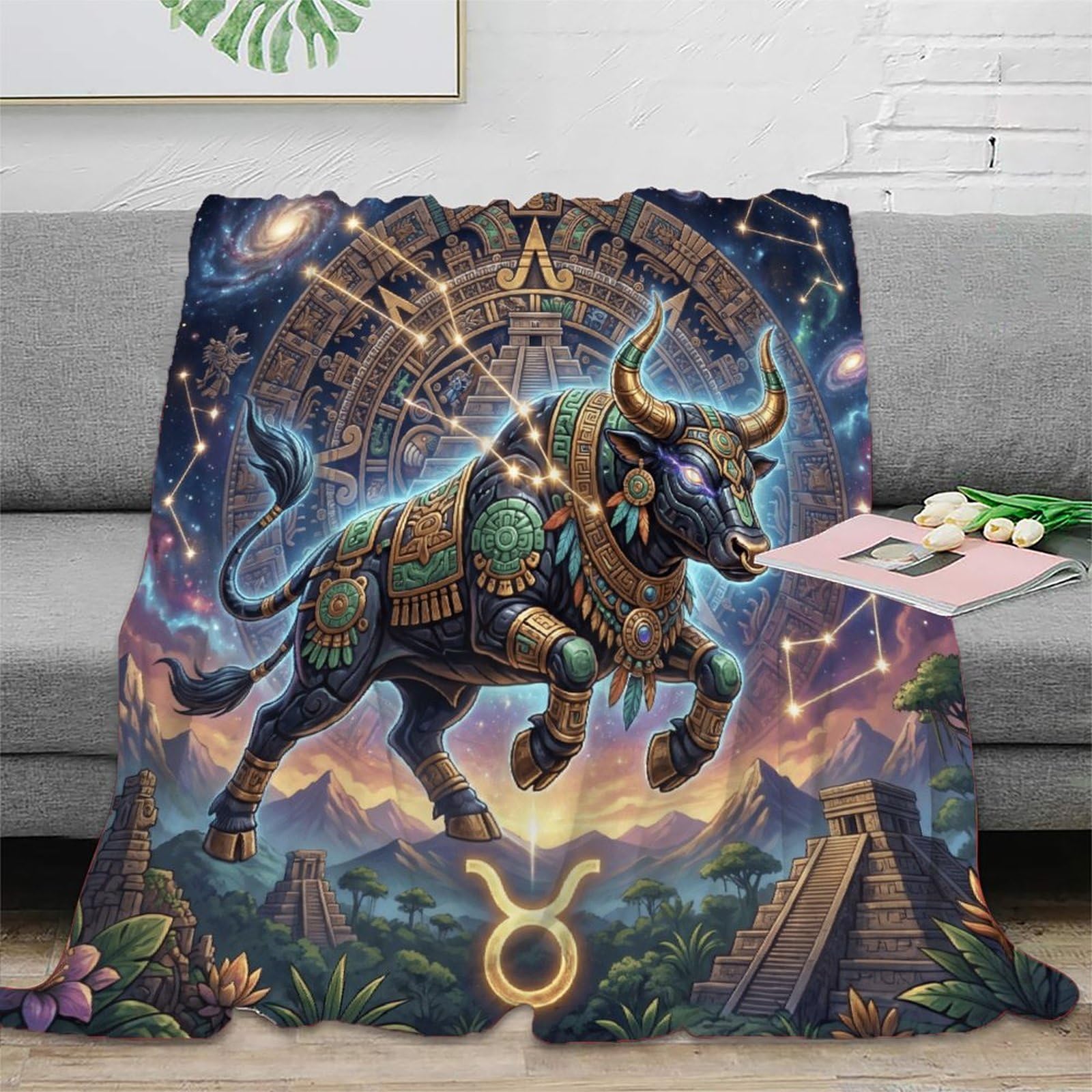 W7C8U2X3 Taurus Zodiac Aztec Art for Flannel Throw Blanket, Guest Bed Room