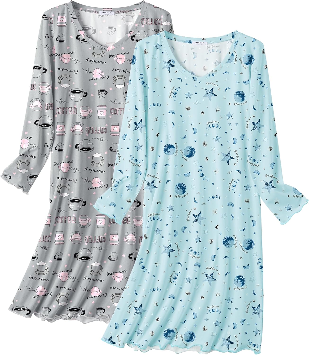 Ekouaer Cotton Nightgowns for Women 2 Pack Night Gown Long Sleeve Sleepshirts V Neck Night Shirt Soft Sleepwear