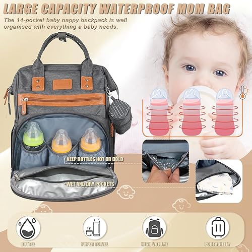 Miniatura 9 de Heegel Mochila multifuncional impermeable para pañales - Bolsa de pañales de gran capacidad con mochila para pañales de bebé, Gris, Ocio