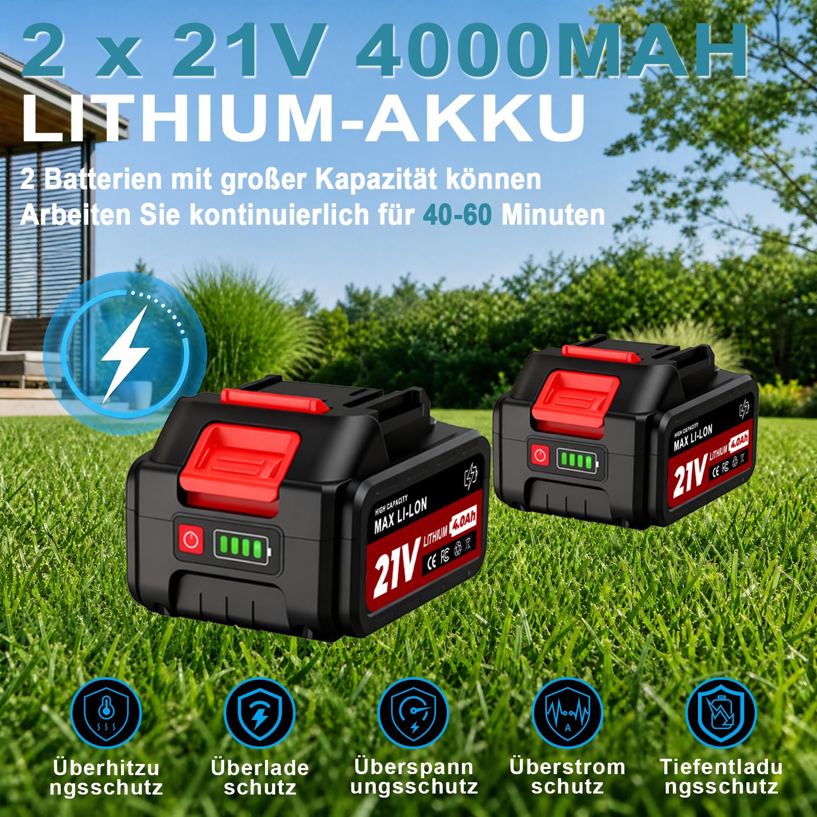 Rasentrimmer für Makita-Akkus mit 4 Klingentypen, Rasentrimmer mit Akku 2 4,0Ah und Unkrautbürste, 4-in-1 Akku Freischneider-Rasenkantenschneider für Garten Trimming, 180° Faltbar, 90° Trimmwinkel
