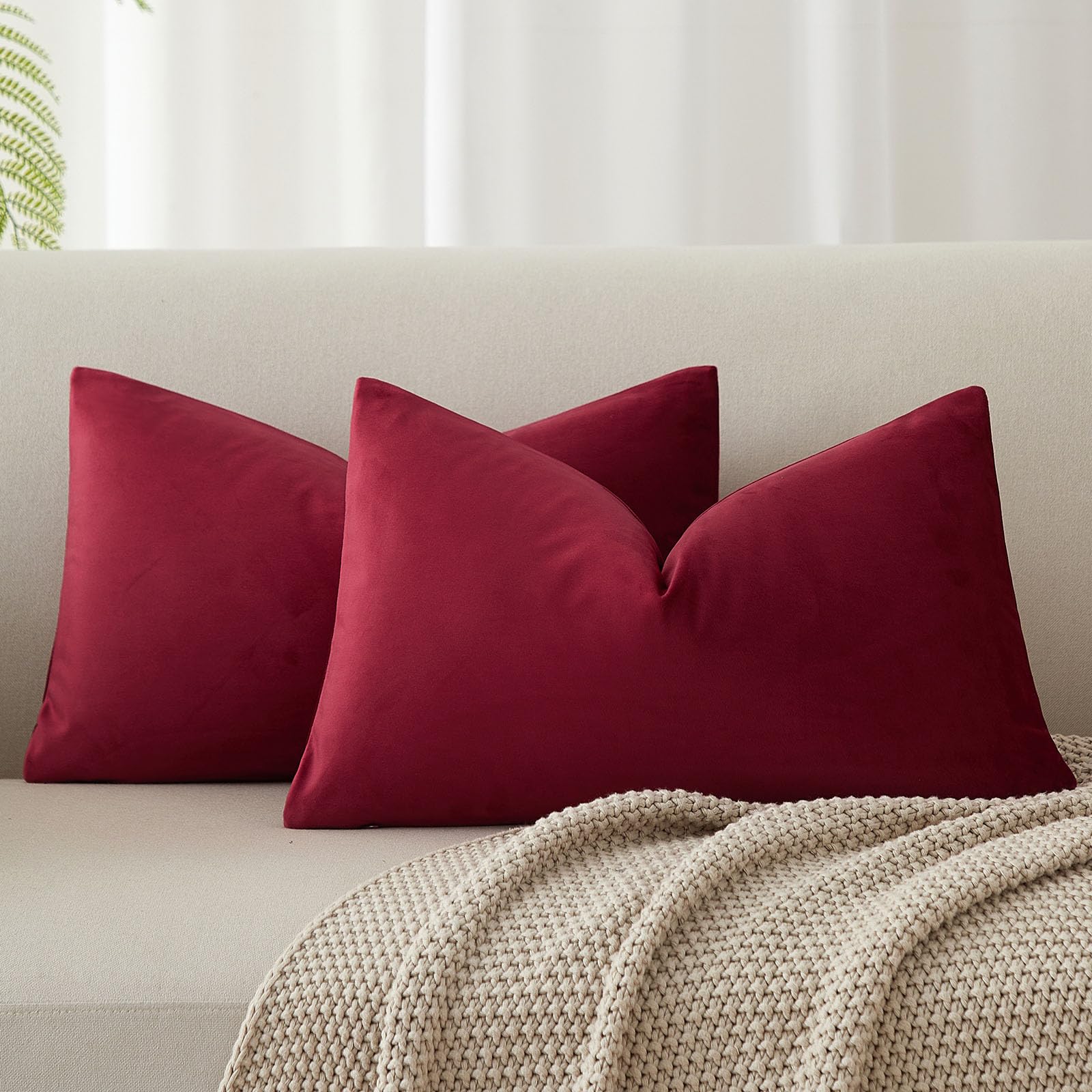 JUSPURBET Decorative Pillow Covers Set of 2 Velvet Throw Pillow Covers for Couch Sofa Bed Soft Lumbar Cushion Covers with Hidden Zipper for Living Room Home Decor,Burgundy,12x20 inch