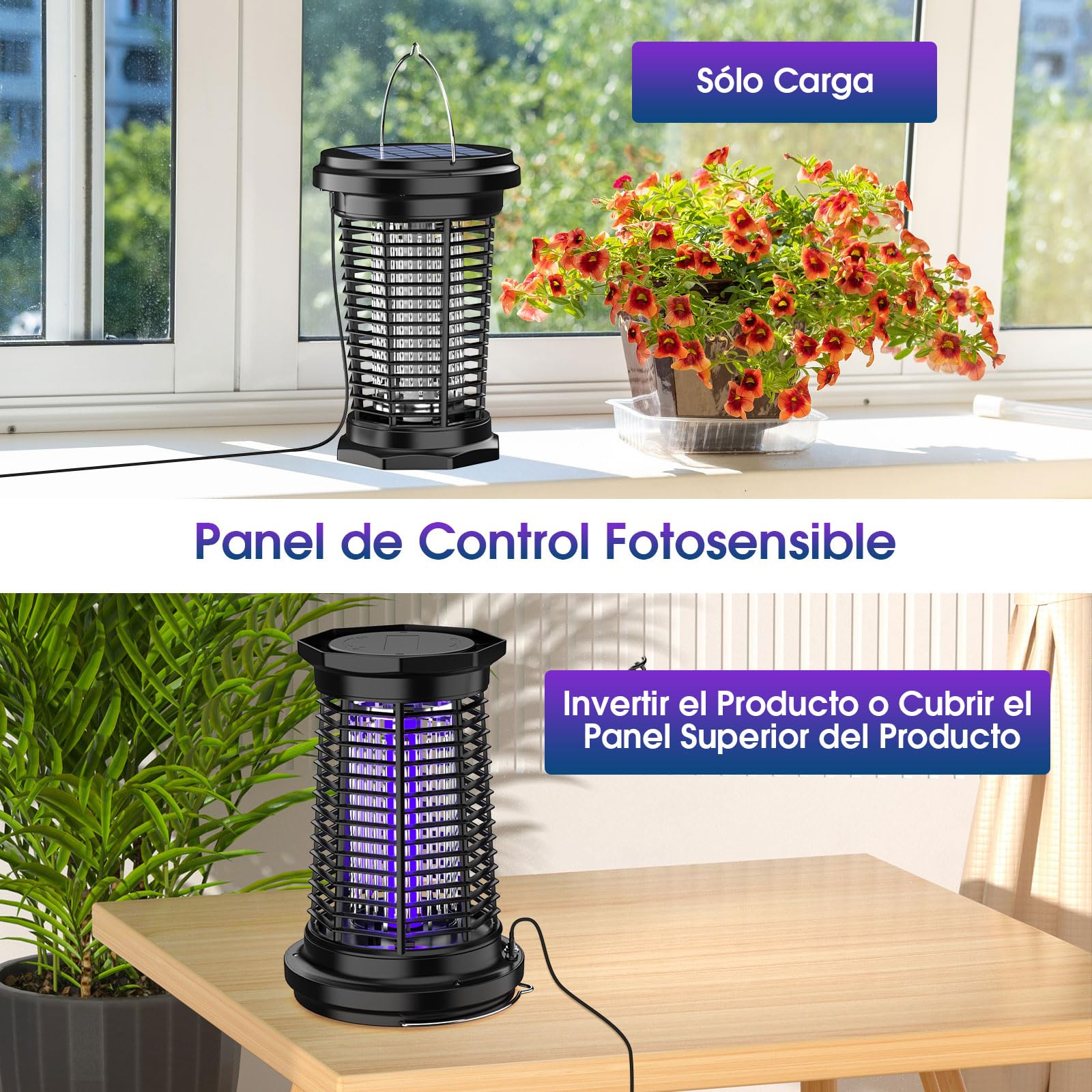 PALONE Lampara Antimosquitos Solar 2500mah/4500v, Antimosquitos Electrico Recargable por USB y Cable De 1 M, con Barra de Soporte Solar de 5,5 W/5 V Y Cable de Carga C para Interior y Exterior