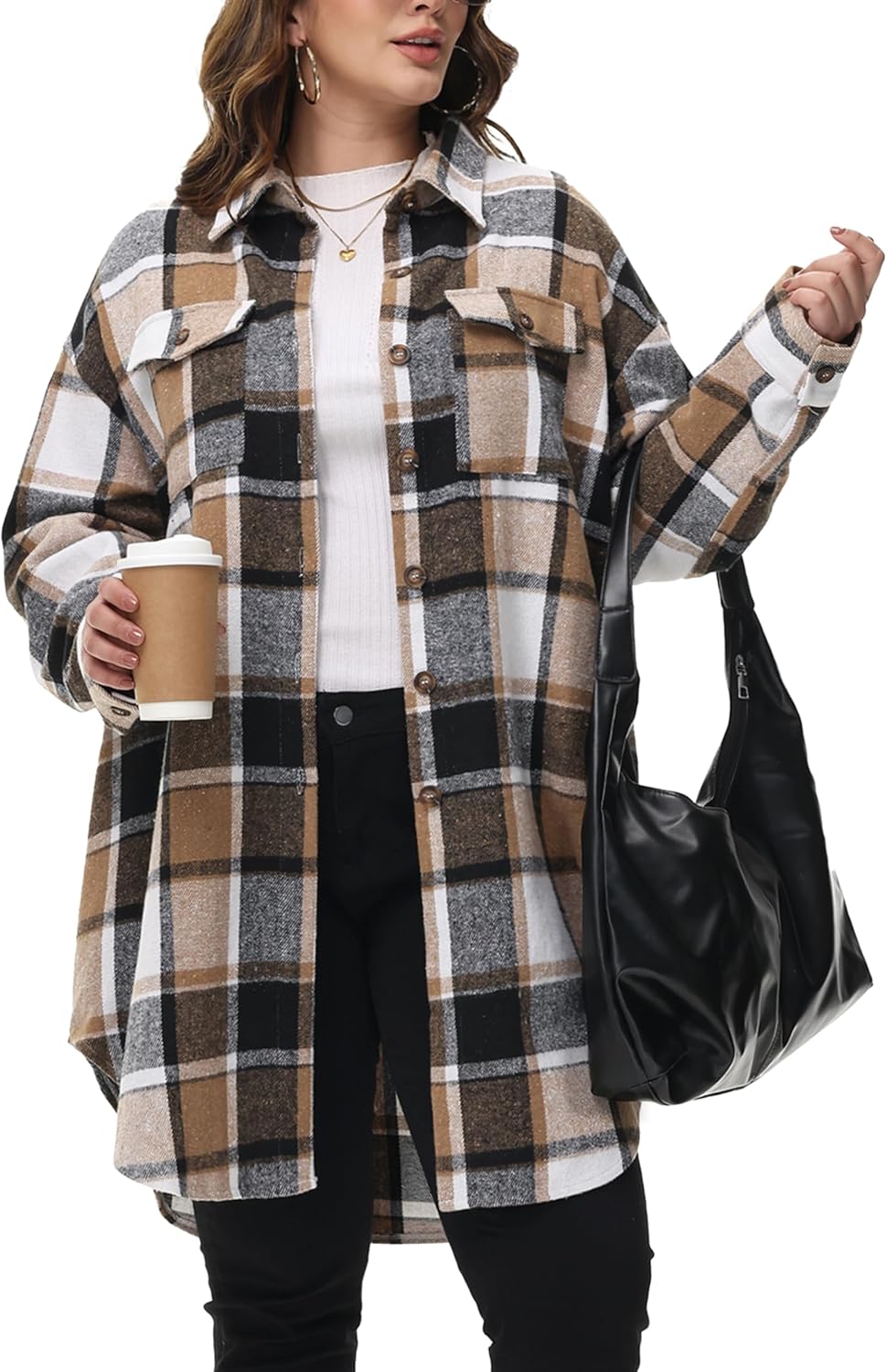 NIeyook Womens Plus Size Shacket Jacket 2024 Fall Plaid Flannel Button Down Shirts Long Sleeve Tartan Jackets Coats
