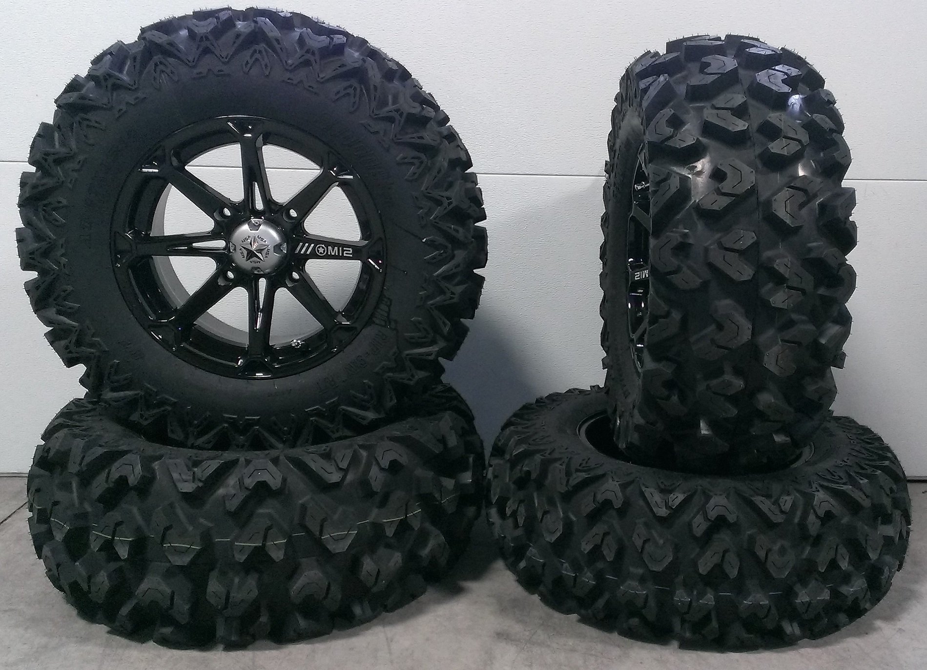 Bundle - 9 Items: MSA Black Diesel 14" ATV Wheels 27" Rip Saw Tires [4x110 Bolt Pattern 10mmx1.25 Lug Kit]