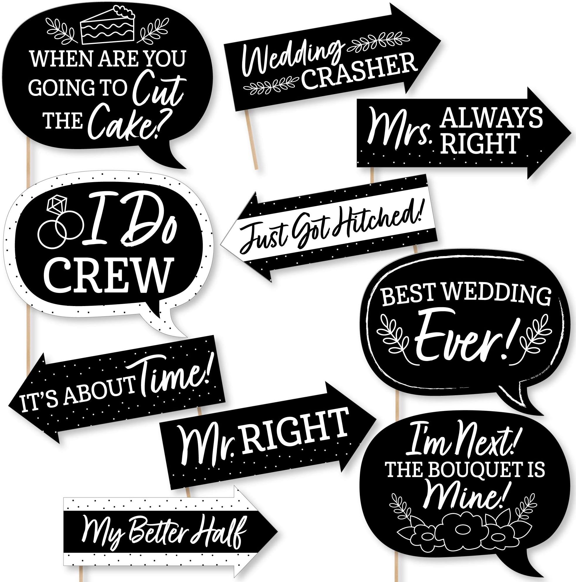 Funny Mr. and Mrs. - Black and White Wedding or Bridal Shower Photo Booth Props Kit - 10 Piece