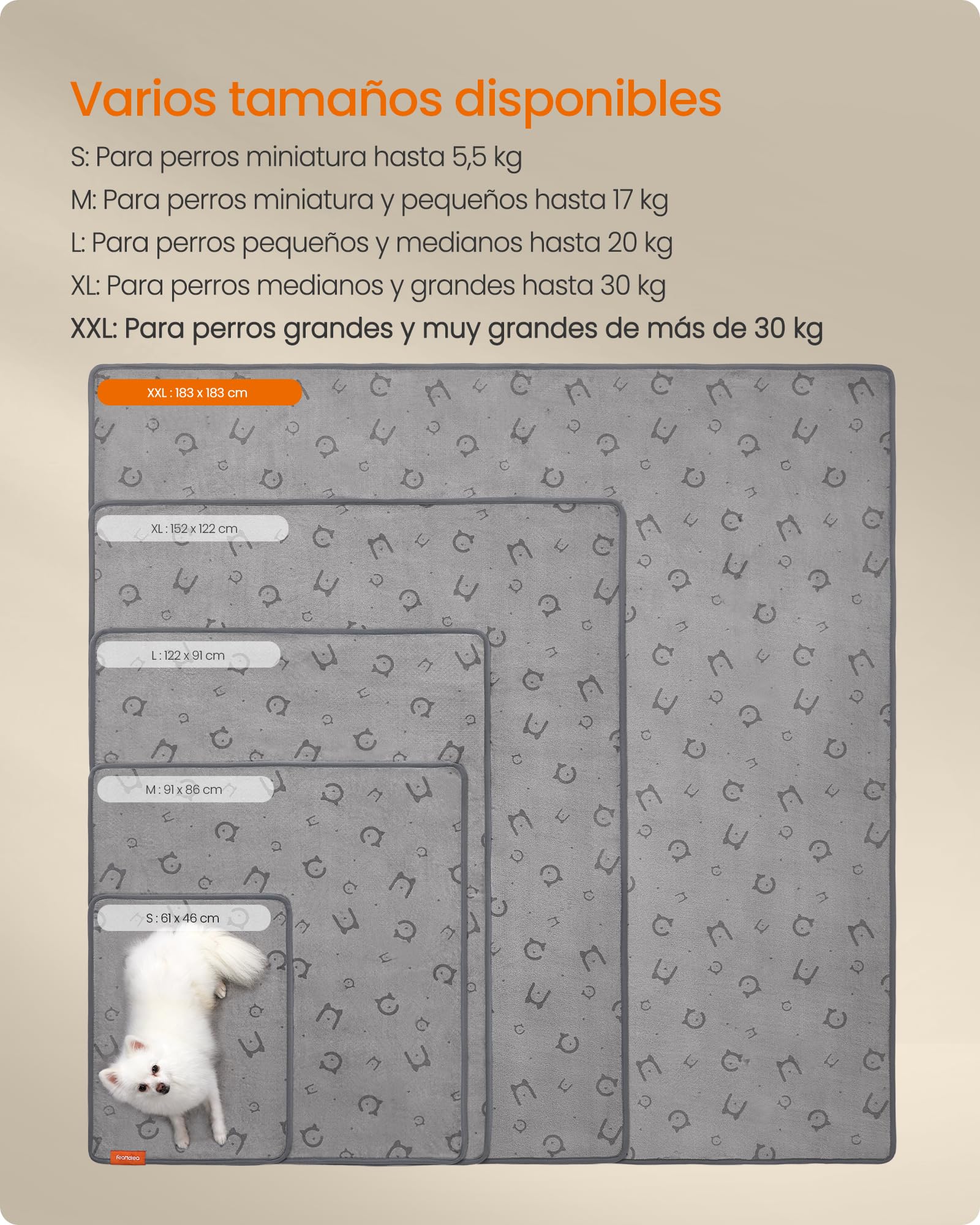 Feandrea Alfombrilla Absorbente Lavable para Perros, 2 Paquetes, Reutilizable, 183 x 183 cm, XXXL, Alfombrilla para Mascotas, Antifugas, Antideslizante, Perros, Gatos, Conejos, Gris Paloma PTD005G01