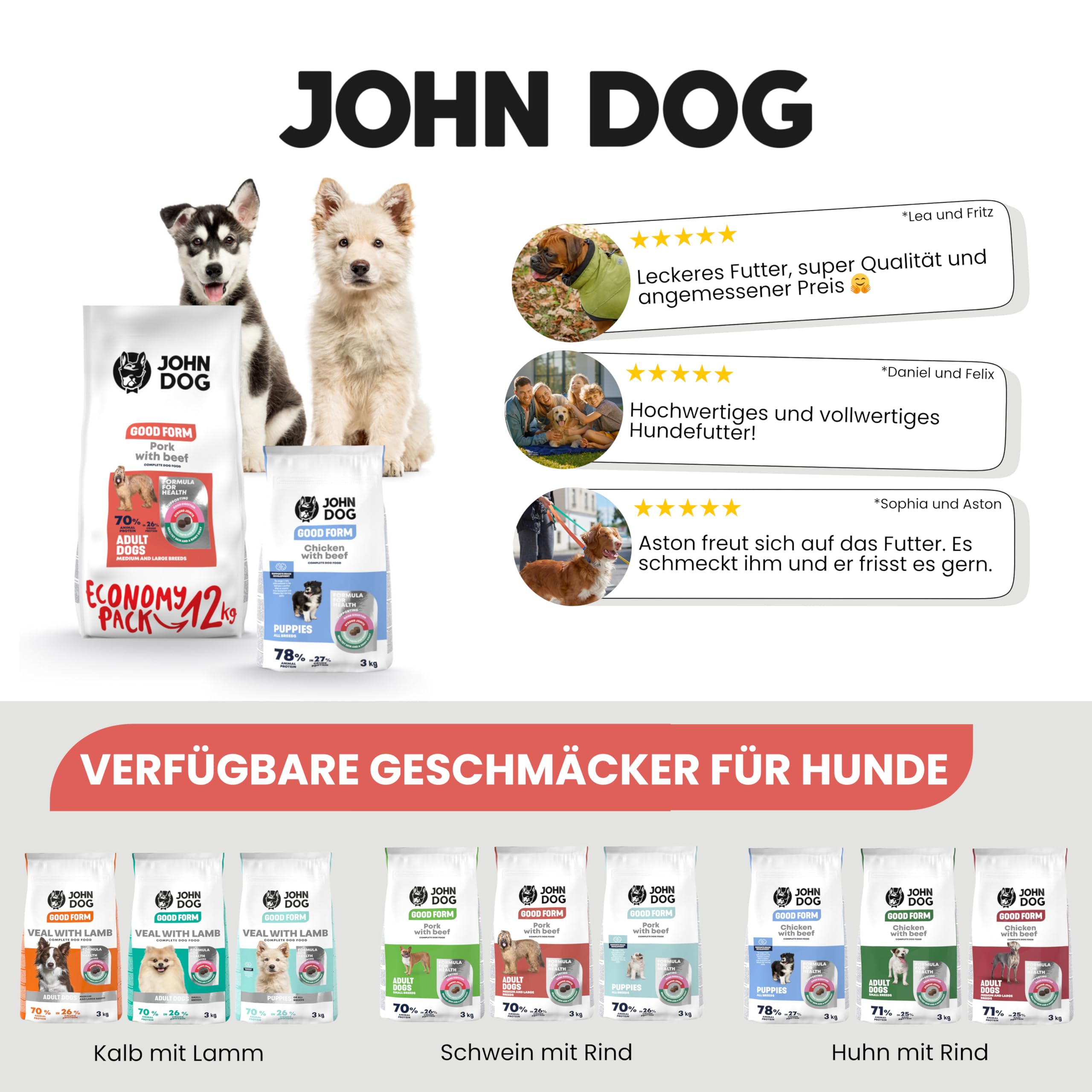 JOHN DOG Trockenfutter für Hunde - Good Form Schwein mit Rind - Getreidefrei - Hundefutter für Erwachsene Aller Rassen - 12kg